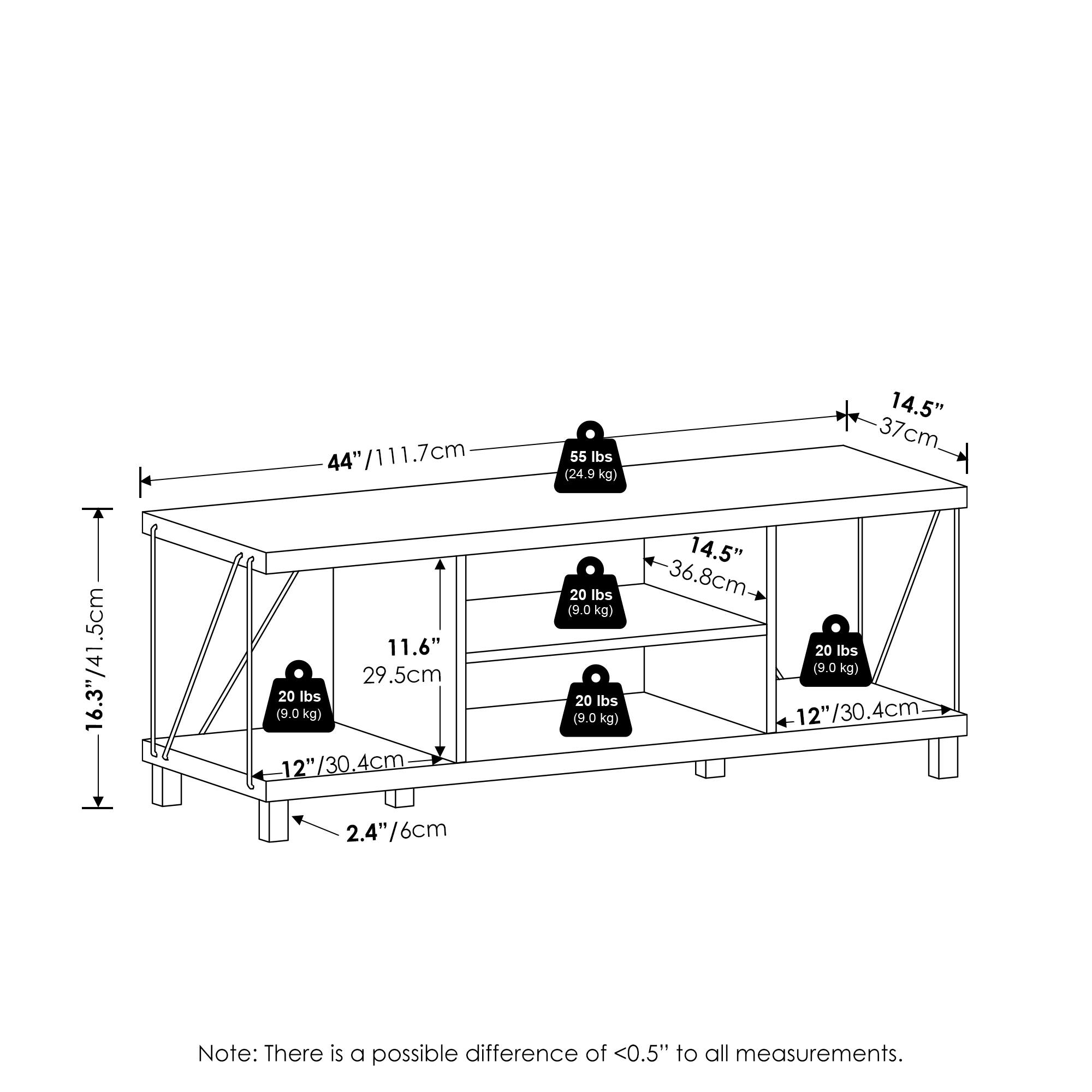 44"/111.7cm  
55 lbs (24.9 kg)  
14.5" / 37cm  
16.3"/41.4cm  
11.6" / 29.5cm  
20 lbs (9.0 kg)  
12"/30.4cm  
2.4"/6cm  
14.5" / 36.8cm  
20 lbs (9.0 kg)  
12"/30.4cm  

Note: There is a possible difference of <0.5" to all measurements.