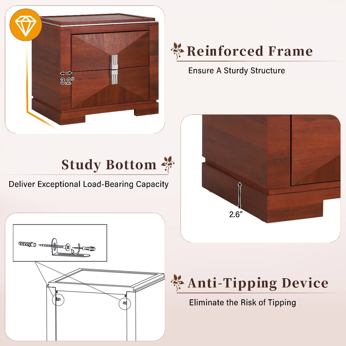 Reinforced Frame  
Ensure A Sturdy Structure  

Study Bottom  
Deliver Exceptional Load-Bearing Capacity  

Anti-Tipping Device  
Eliminate the Risk of Tipping