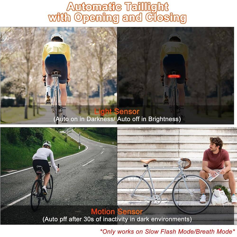 Automatic Taillight with Opening and Closing

Light Sensor  
(Auto on in Darkness / Auto off in Brightness)

Motion Sensor  
(Auto off after 30s of inactivity in dark environments)

*Only works on Slow Flash Mode/Breath Mode*