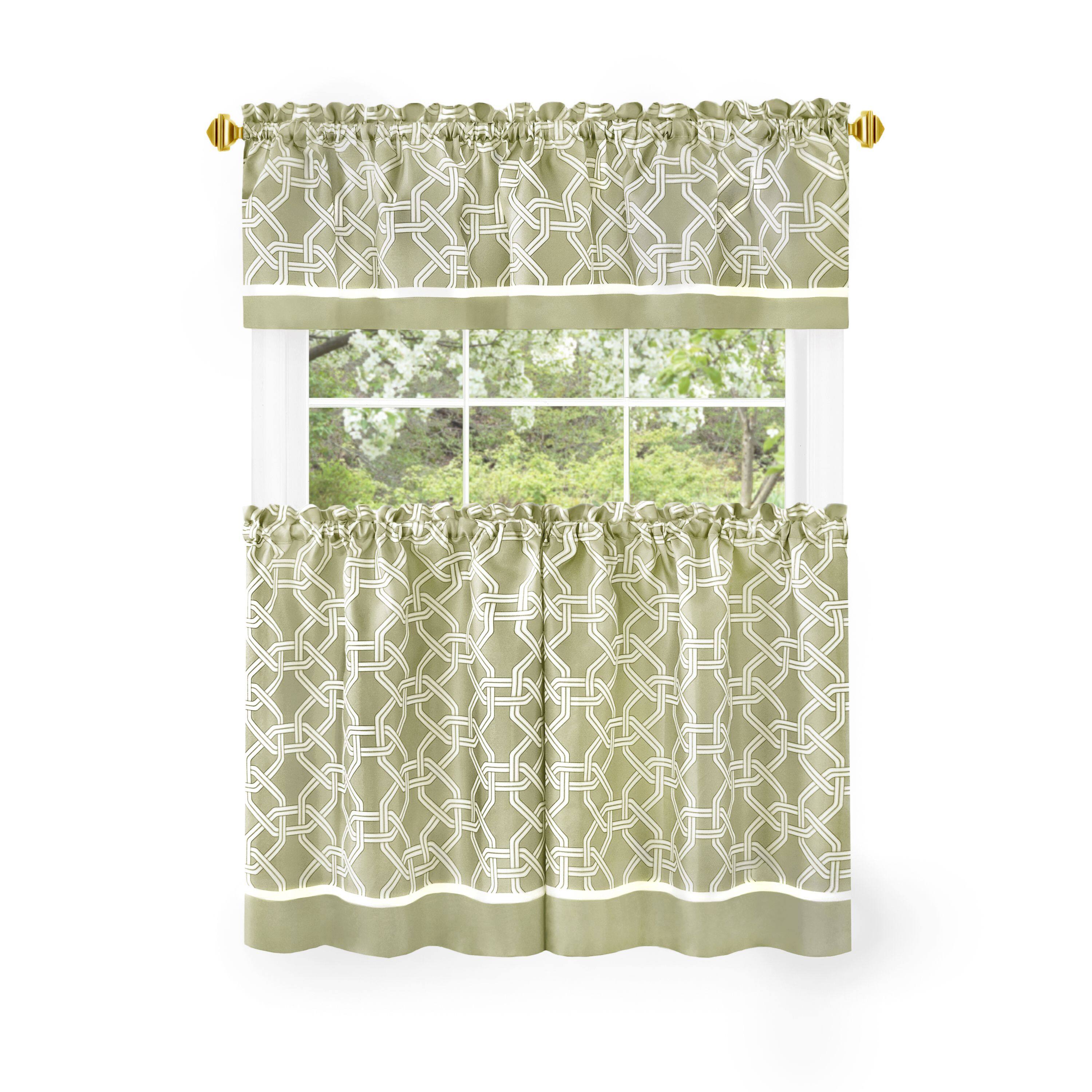 Angle. Kate Aurora - Kate Aurora Geometric Crescent 3 Piece Rod Pocket Cafe Kitchen Curtain Tier & Valance Set - 24 in. Long - Green - Green.