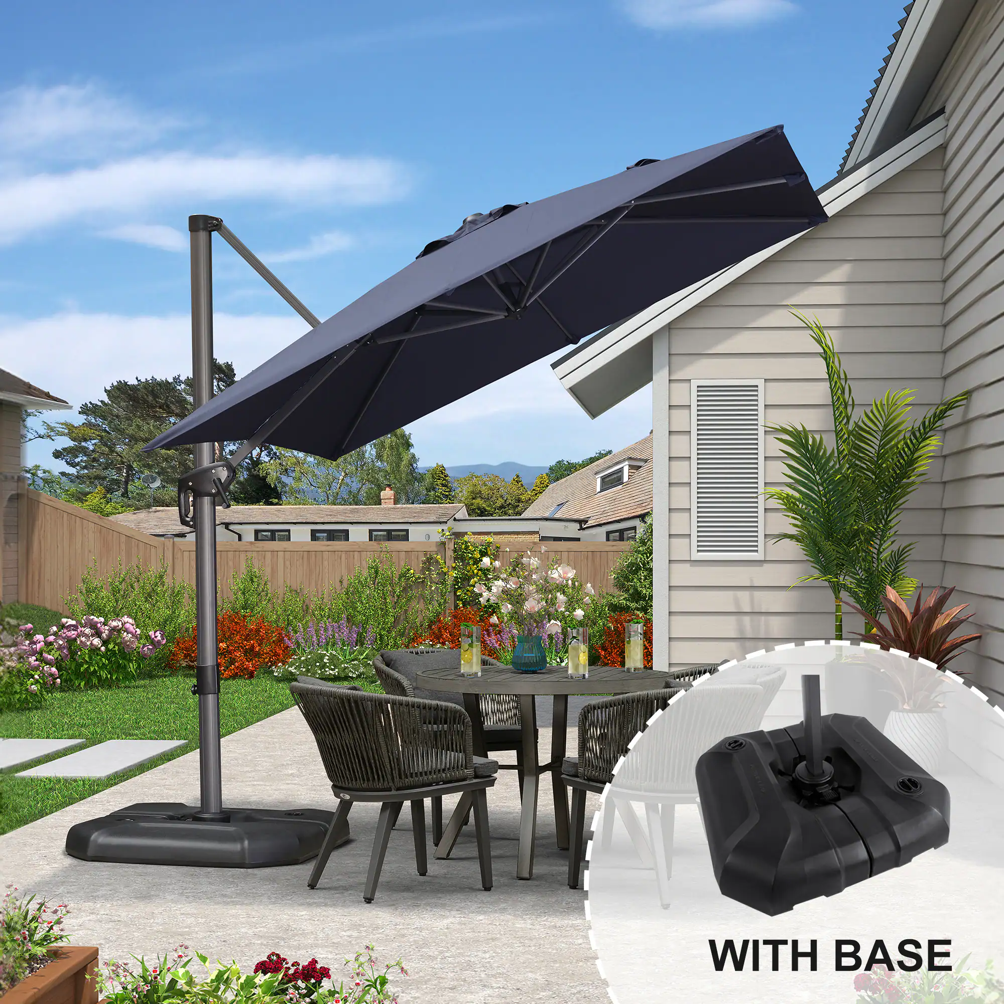PURPLE LEAF - 8 ft. Square Aluminum Outdoor Patio Cantilever Umbrella Offset 360° Rotation Umbrella with Base for Garden Deck Pool - Navy Blue