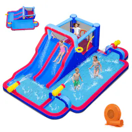 Costway - Inflatable Water Slide Park Kids Bounce House Splash Pool with 750W Blower - Multi-color