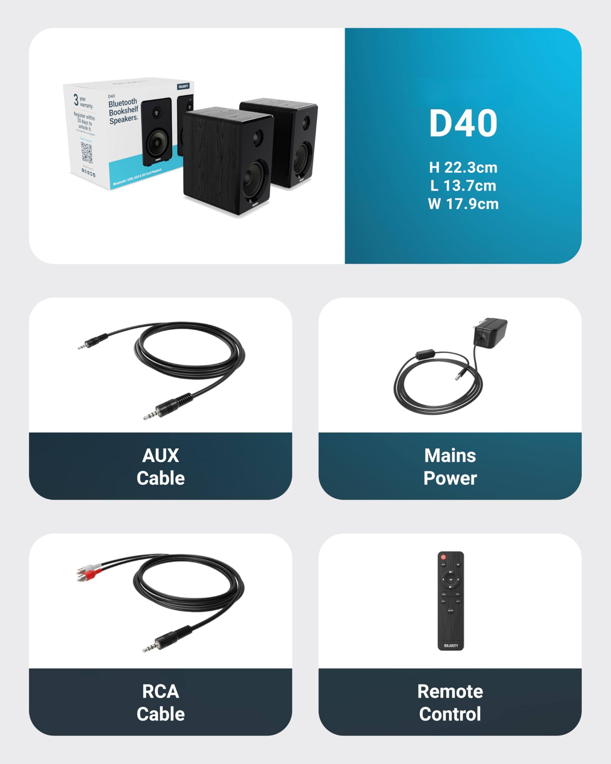 Sure, here is the corrected and grouped text from the image:

---

**D40**

- H 22.3cm
- L 13.7cm
- W 17.9cm

**Bluetooth Bookshelf Speakers**

- AUX Cable
- Mains Power
- RCA Cable
- Remote Control

---

**3 Year Warranty**

---

**Bluetooth Bookshelf Speakers**

---

**AUX Cable**

**Mains Power**

**RCA Cable**

**Remote Control**