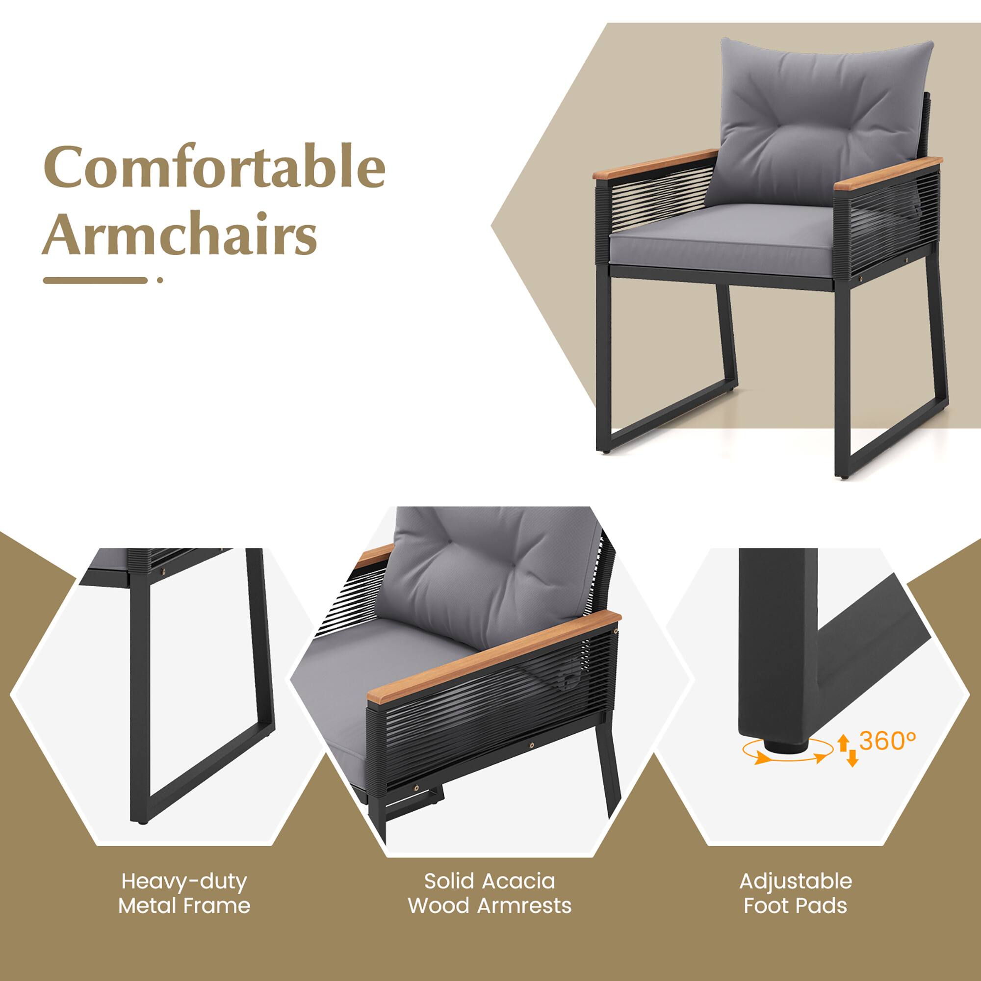 Comfortable Armchairs

- Heavy-duty Metal Frame
- Solid Acacia Wood Armrests
- Adjustable Foot Pads (360°)