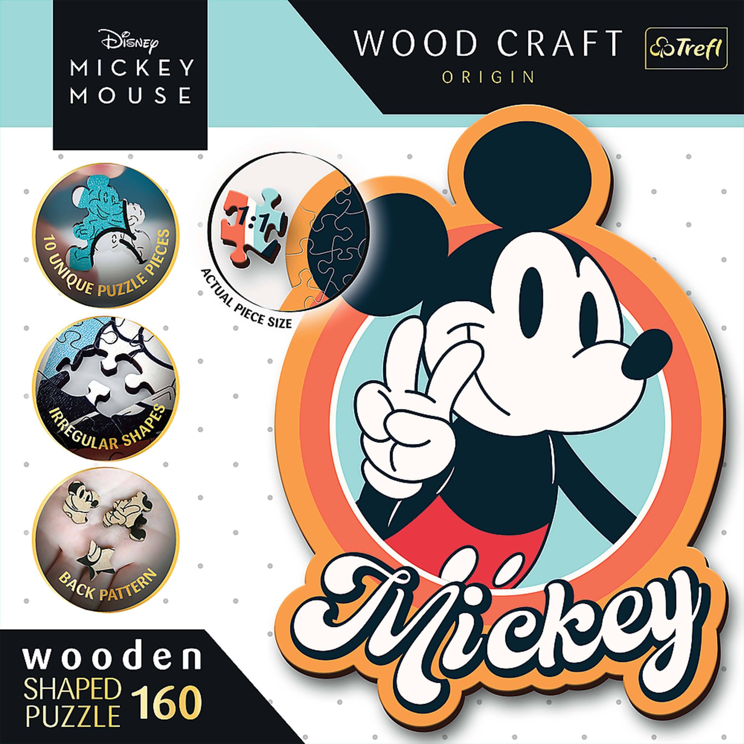 Disney MICKEY MOUSE  
WOOD CRAFT ORIGIN  
Trefl  
10 PIECES UNIQUE PUZZLE  
ACTUAL PIECE SIZE  
IRREGULAR SHAPES  
BACK PATTERN  
wooden SHAPED PUZZLE 160