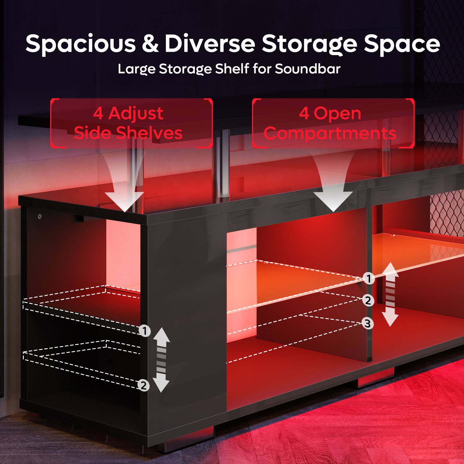 Spacious & Diverse Storage Space Large Storage Shelf for Soundbar 4 Adjustable Side Shelves 4 Open Compartments 1 2 1 3 2