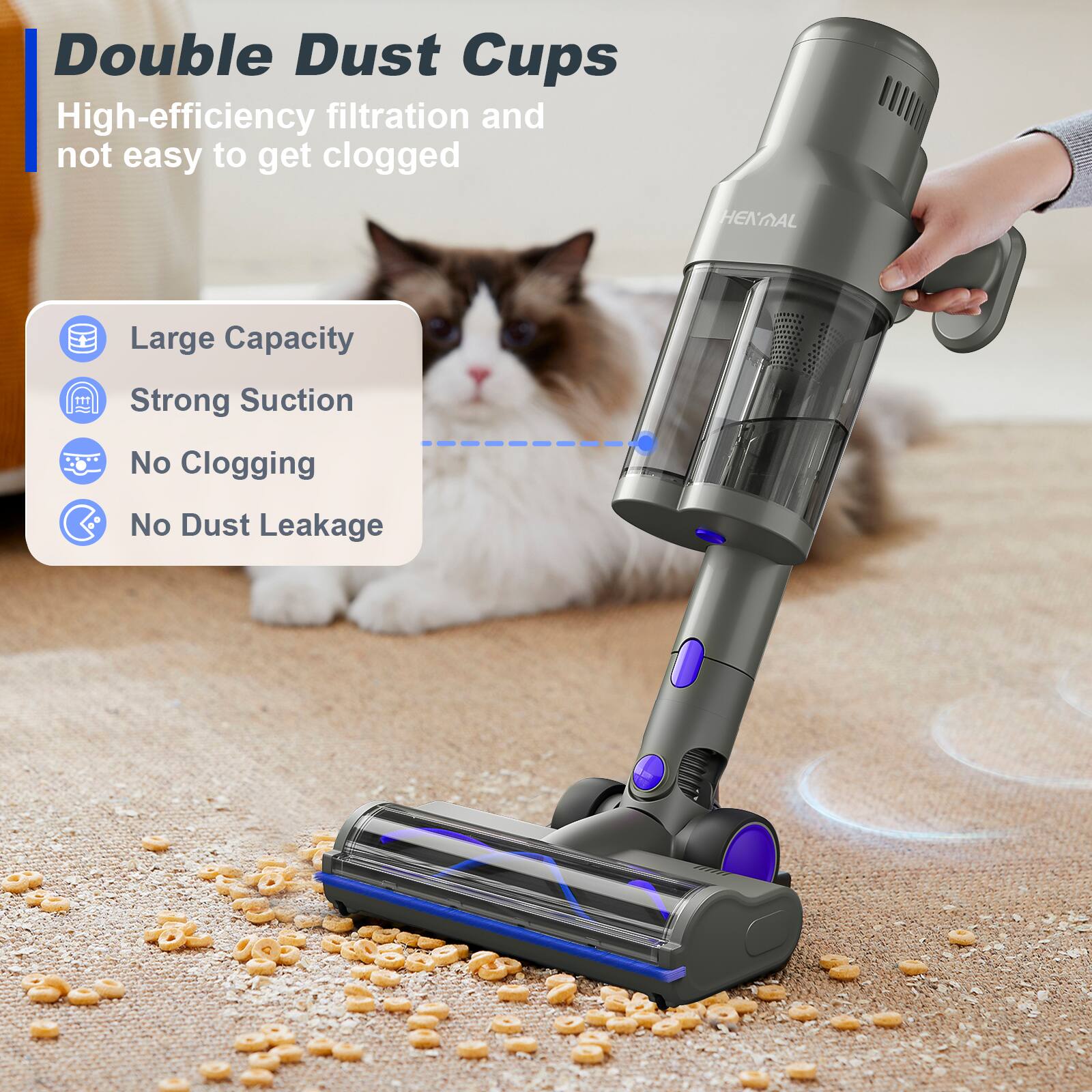 Double Dust Cups  
High-efficiency filtration and not easy to get clogged  

- Large Capacity  
- Strong Suction  
- No Clogging  
- No Dust Leakage