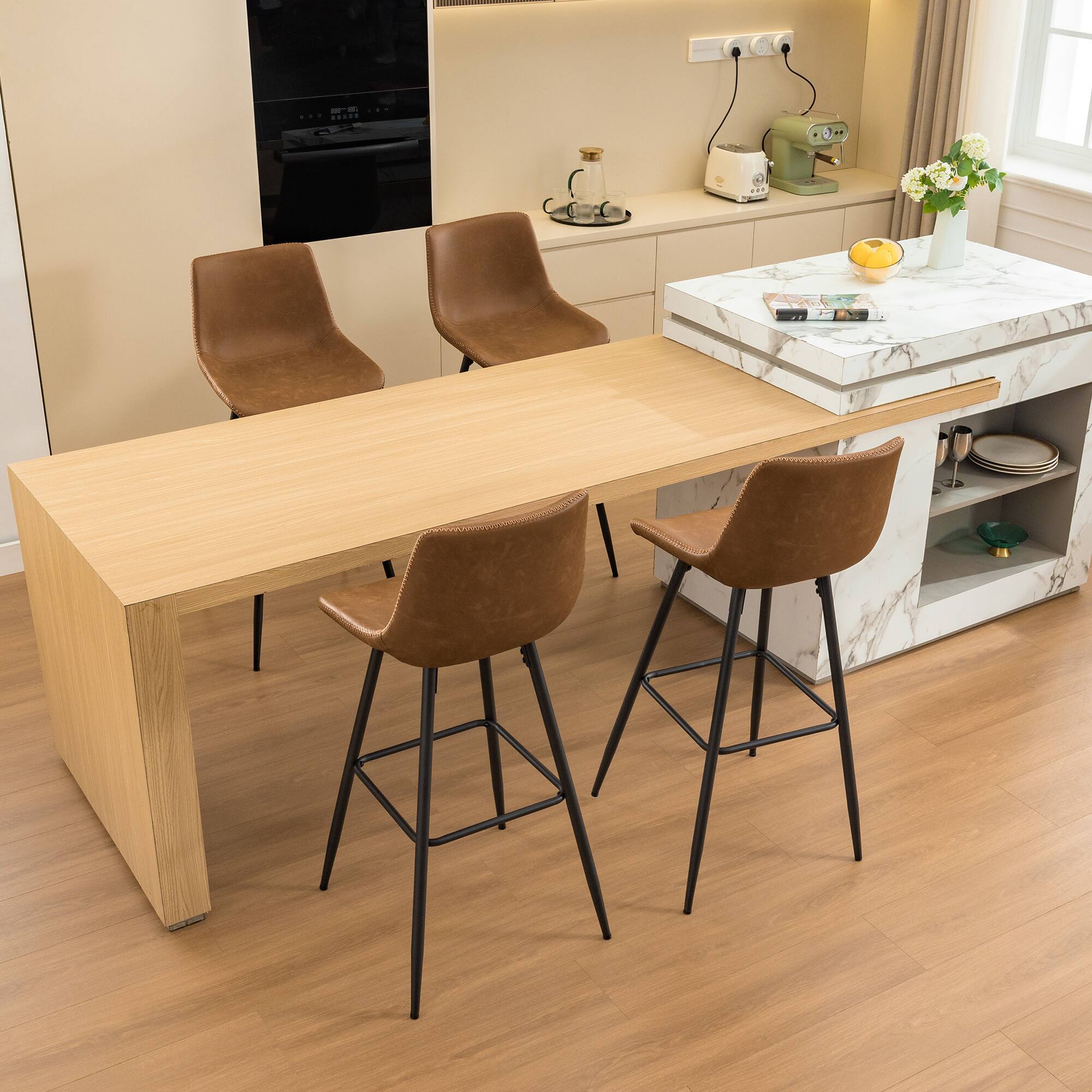 Alt View 6. KERDOM - 4pcs Bar Stools with Back, 24/28 inches Height Counter Bar Chair, PU Leather Armless Kitchen Island High Dining Chair - 28‘’ Height - Brown.