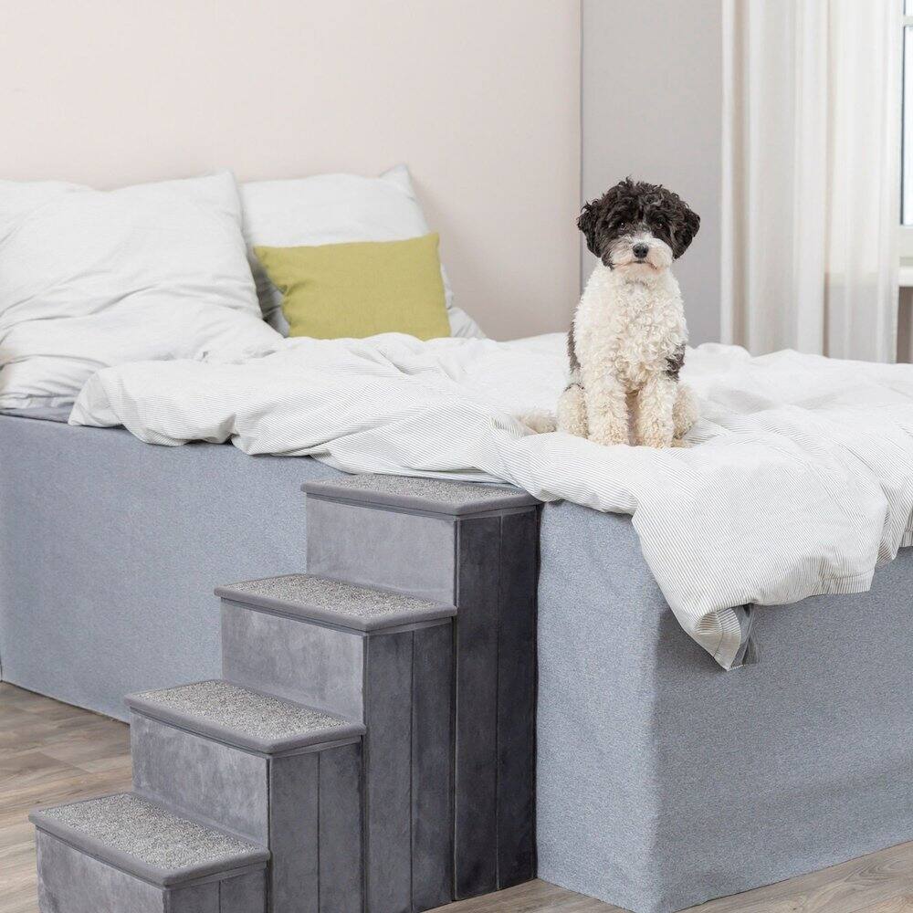 Left. TRIXIE - 4-Step Foldable Velour Pet Stairs with Storage, Gray - Gray.