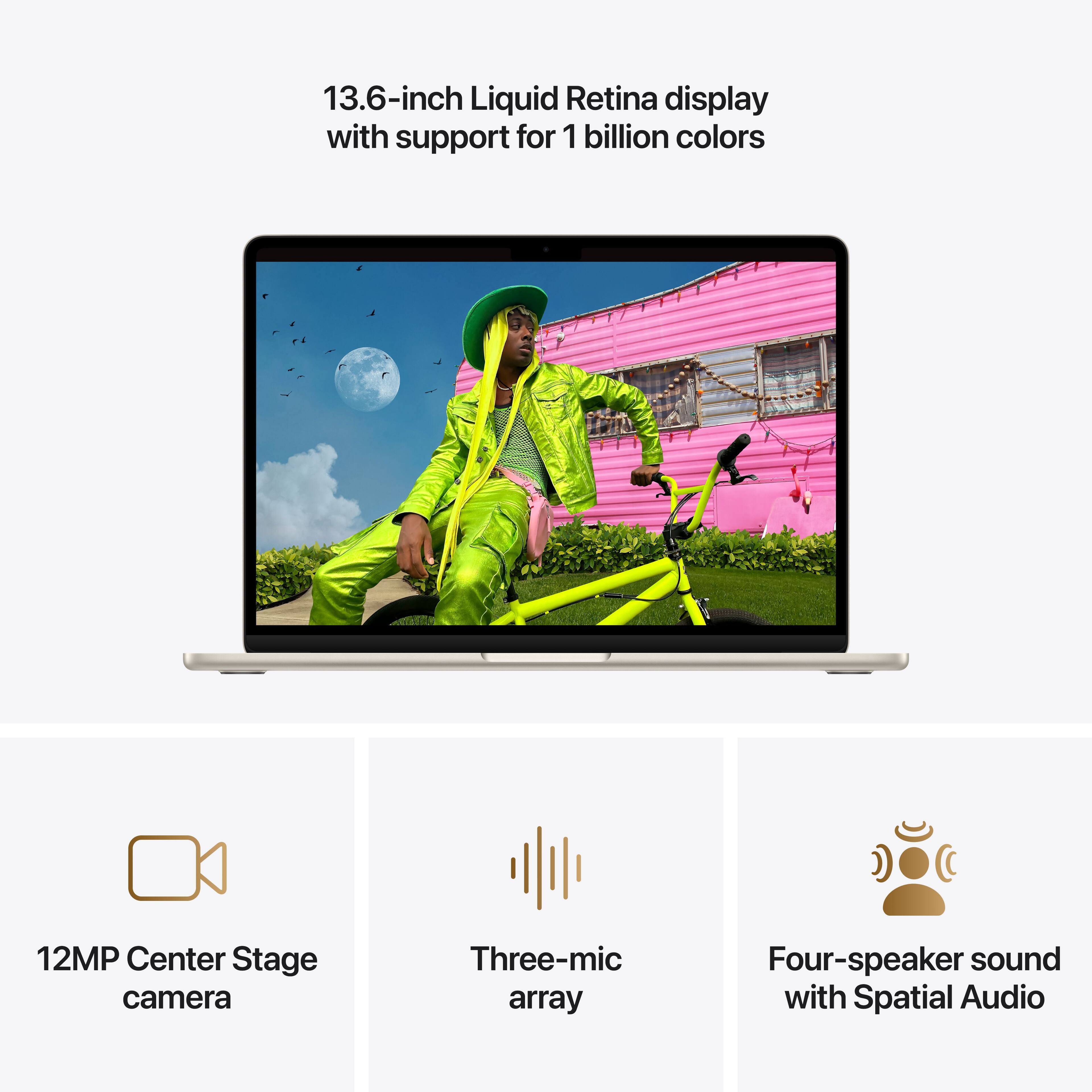 13.6-inch Liquid Retina display with support for 1 billion colors  
12MP Center Stage camera  
Three-mic array  
Four-speaker sound with Spatial Audio