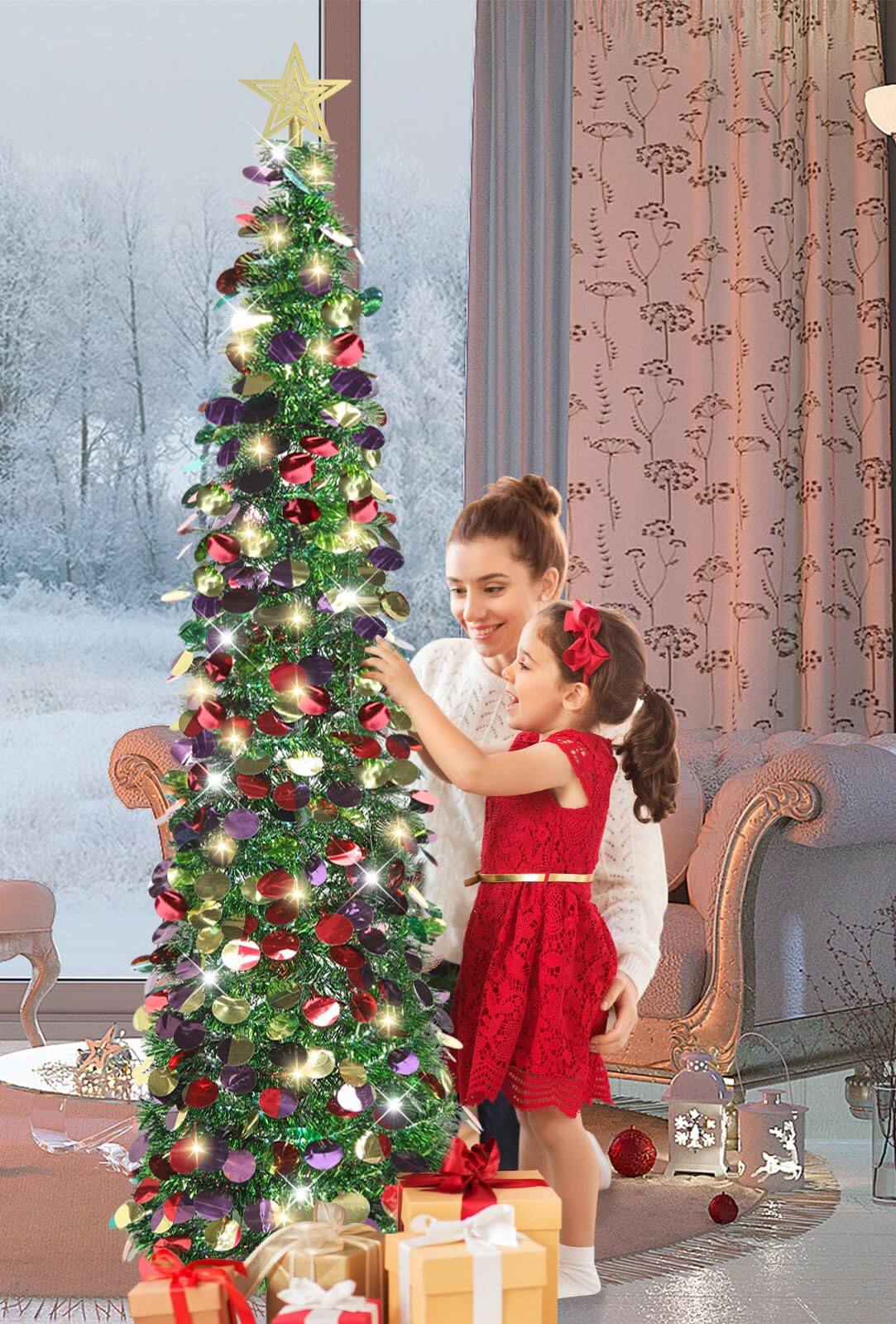 Alt View 7. Skar Audio - Pop Up Christmas Tree With Timer Lights Tinsel Collapsible Artificial Pencil For Indoor Home Apartment - Silver 5ft.