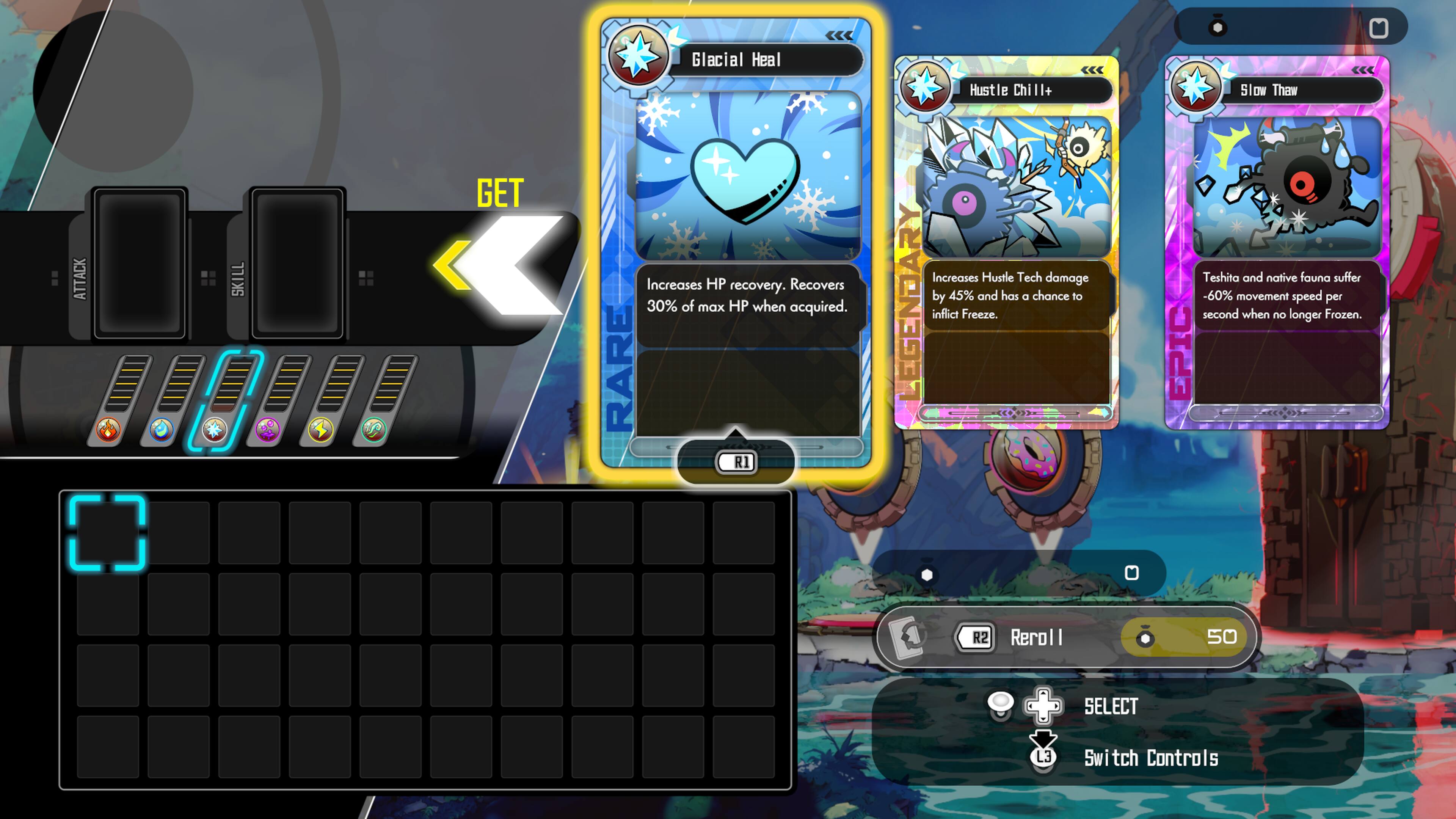 Glacial Heal  
- Increases HP recovery.  
- Recovers 30% of max HP when acquired.  

Hustle Chill 1l+  
- RARE R1  
- Increases Hustle Tech damage by 45% and has a chance to inflict Freeze.  

Slow Thaw  
- Teshita and native fauna suffer -60% movement speed per second when no longer Frozen.  

EPIC R2  
- Reroll I 50 + SELECT L3  
- Switch Controls