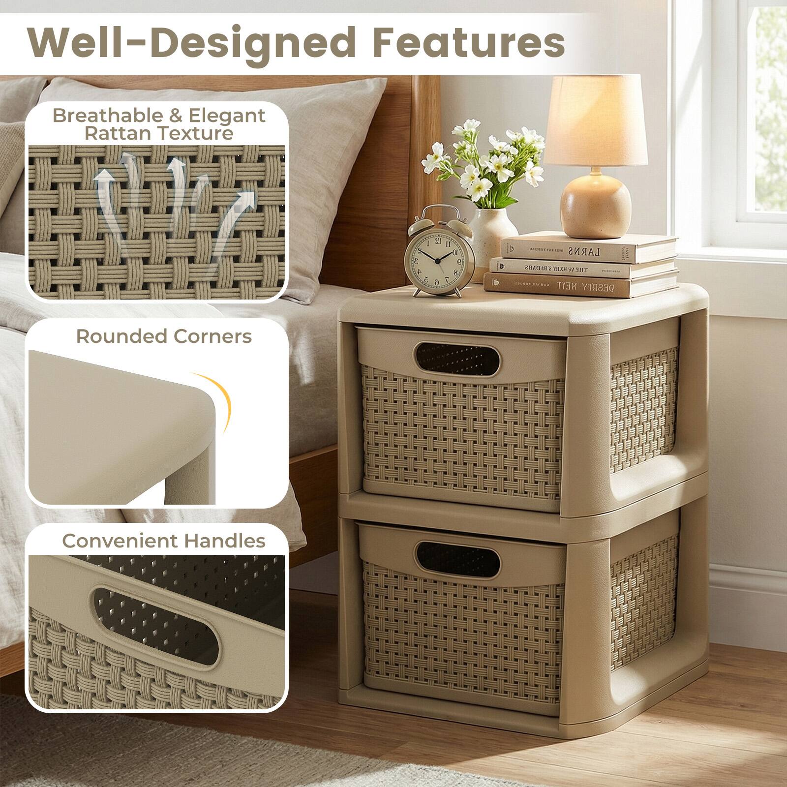 Well-Designed Features

- Breathable & Elegant Rattan Texture
- Rounded Corners
- Convenient Handles