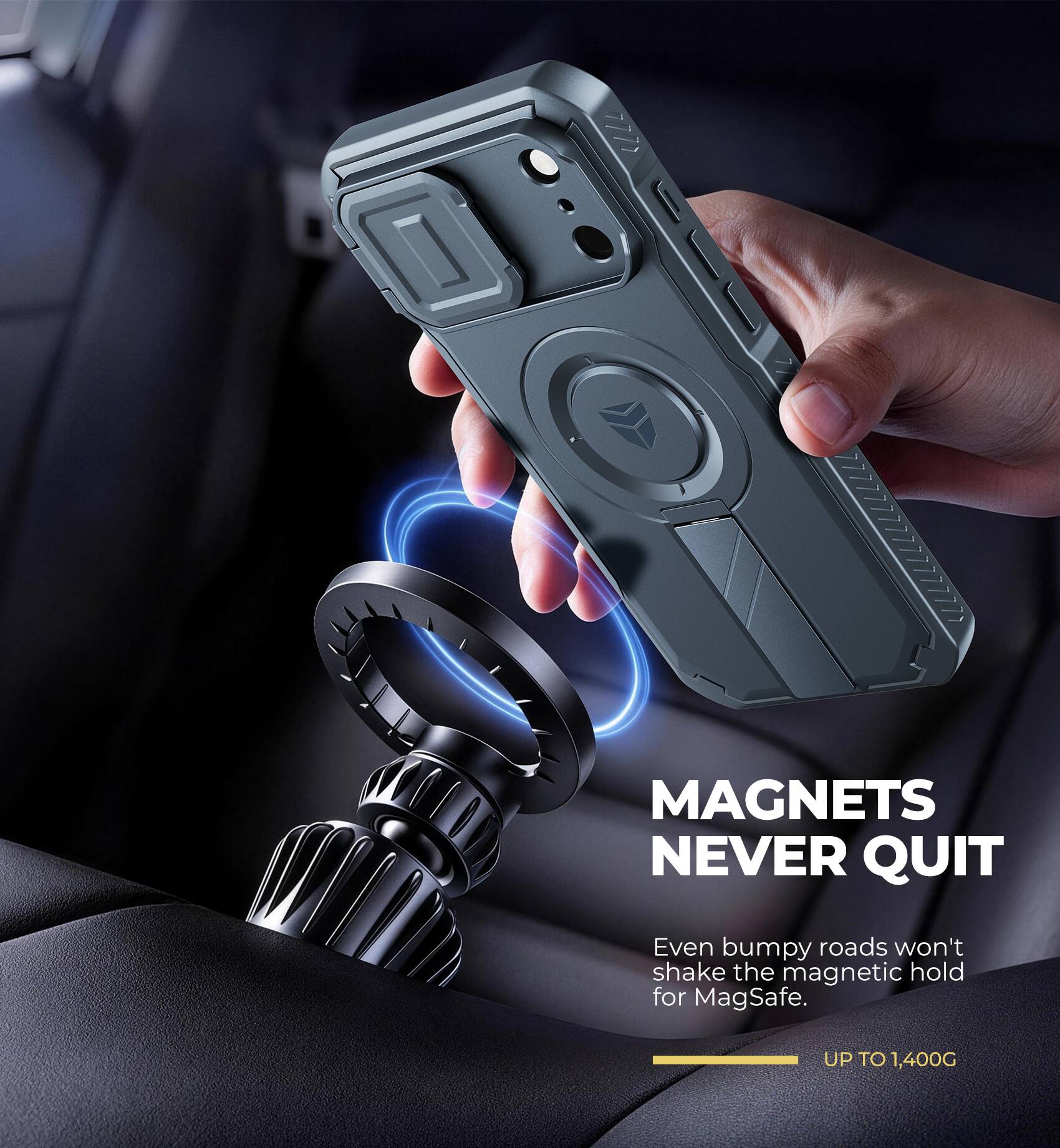 MAGNETS NEVER QUIT

Even bumpy roads won't shake the magnetic hold for MagSafe.

UP TO 1,400G