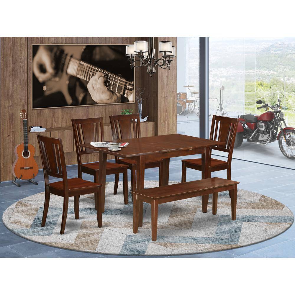 Back. East West Furniture - 6 Pc Small Kitchen nook Dining set -Table with Leaf and 4 Chairs plus Bench - Mahogany.