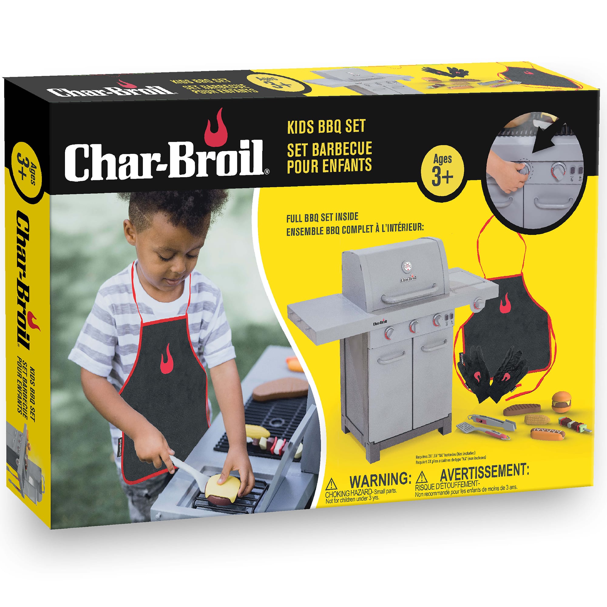 Char-Broil Kids BBQ Set Pour Enfants Ages 3+. Full BBQ Set Inside. Ages 3+. Warning: Avertissement: Risque D'Entretien. Small parts. Recommandez votre attention. Choking hazard. Small parts. Not for children under 1 1/2 years.