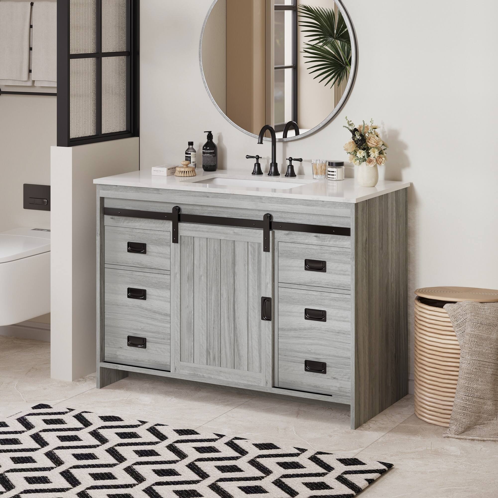 Left. U-HOMY - Farmhouse Bathroom Vanity with Ceramic Countertop, Sliding Barn Door and Storage Drawers for Organized Spaces - 48"- Grey.