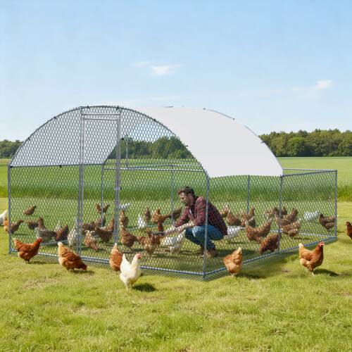 Alt View 7. Winado - 10x10FT Metal Poultry Cage Top Partially Open, Walk-in Chicken Pen with Waterproof Cover for Chicken Run Garden Outdoor - Silver Frame, Green Mesh.