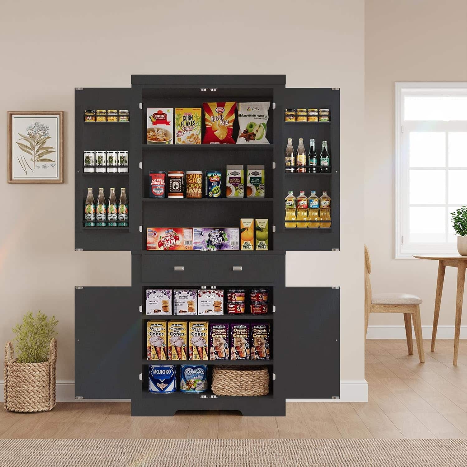 Homhougo - 72" Tall Kitchen Pantry Cabinet, Large Cupboard Storage Cabinet with Drawer 6 Door Racks and Adjustable Shelves for - Black