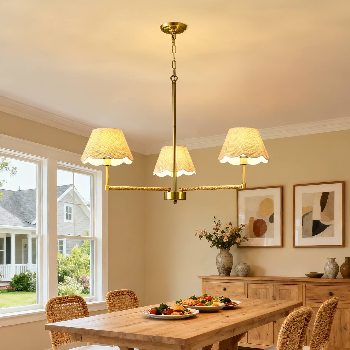 Alt View 7. Loheer - Loheer Three Light Gold Chandelier with Fabric Shades and Rope Accents for Dining Room or Living Room.