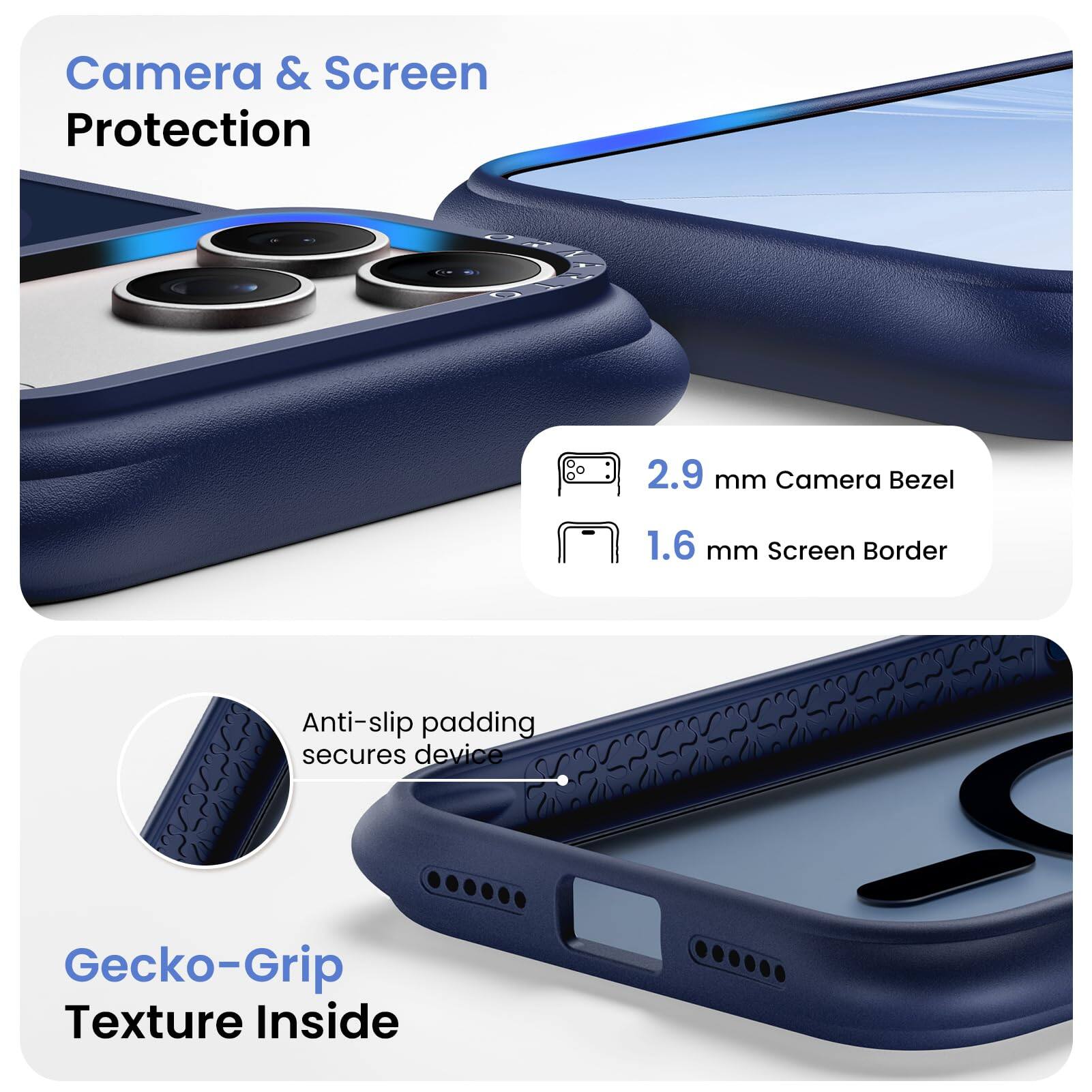 Camera & Screen Protection

2.9 mm Camera Bezel

1.6 mm Screen Border

Anti-slip padding secures device

Gecko-Grip Texture Inside