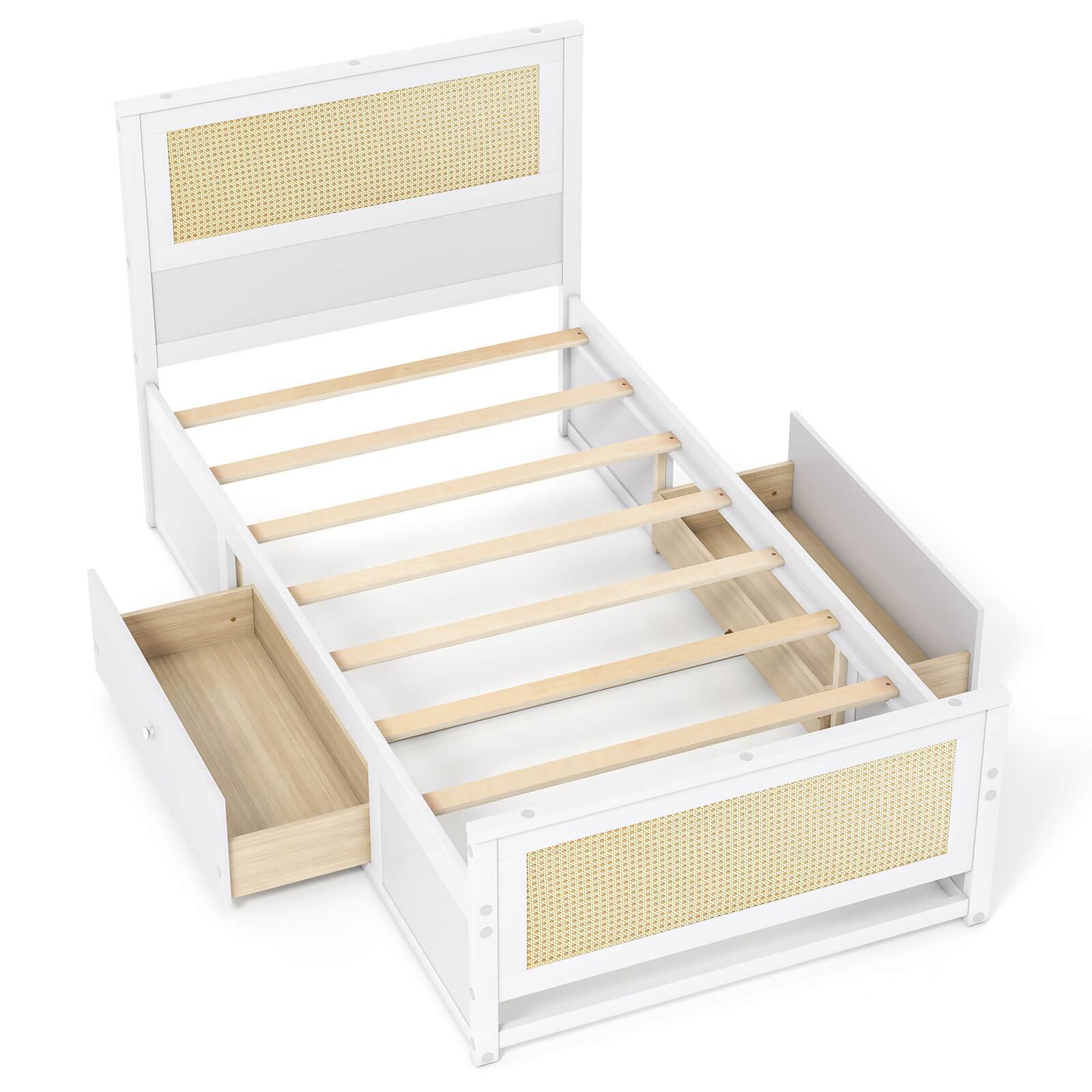 Costway - Twin Size Rattan Bed Frame with Headboard, 2 Storage Drawers & Space - White
