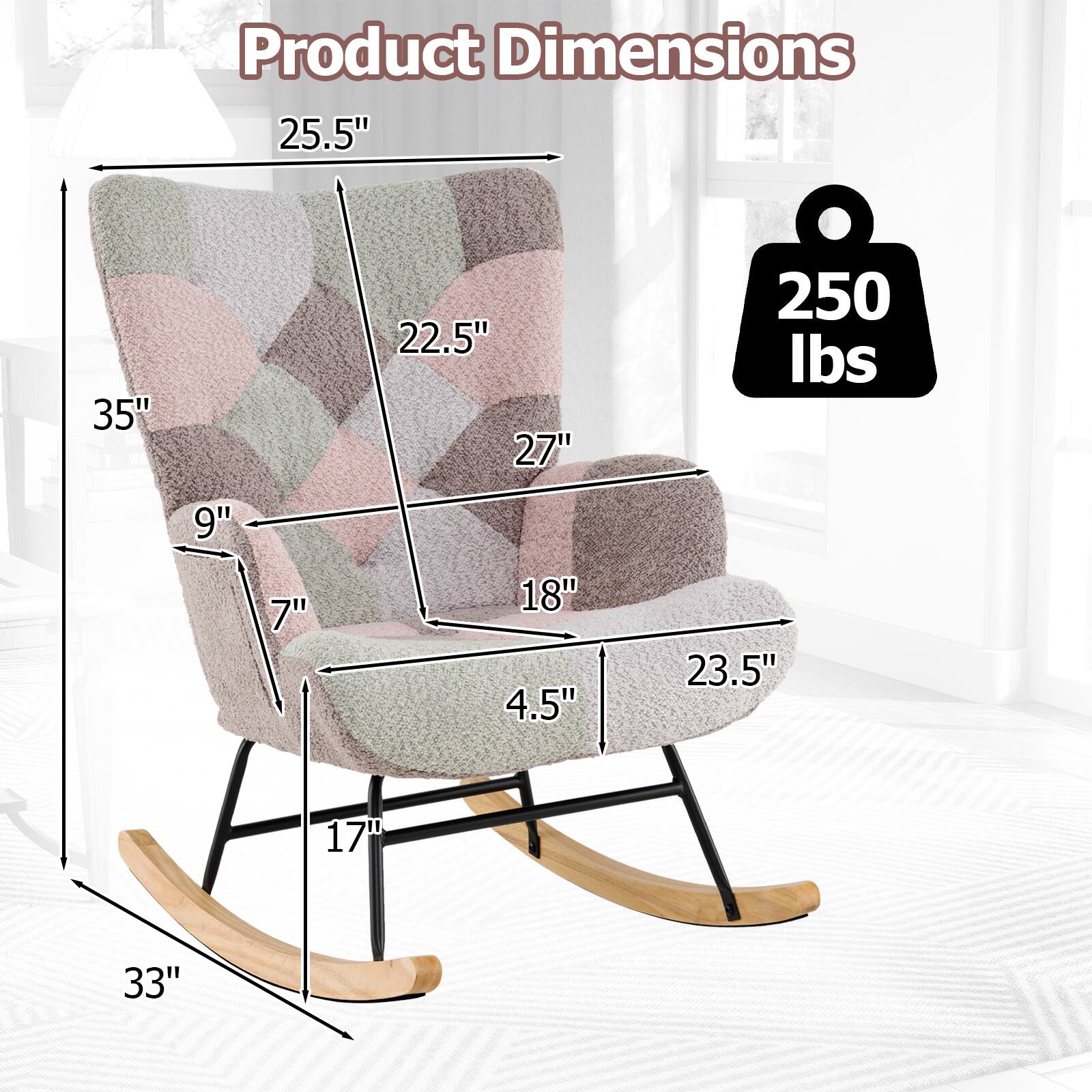 Product Dimensions:  
- Height: 35"  
- Width: 25.5"  
- Depth: 22.5"  
- Seat Height: 9"  
- Seat Depth: 18"  
- Armrest Height: 27"  
- Armrest Width: 23.5"  
- Back Height: 25"  
- Base Width: 33"  
- Base Depth: 17"  
- Weight Capacity: 250 lbs