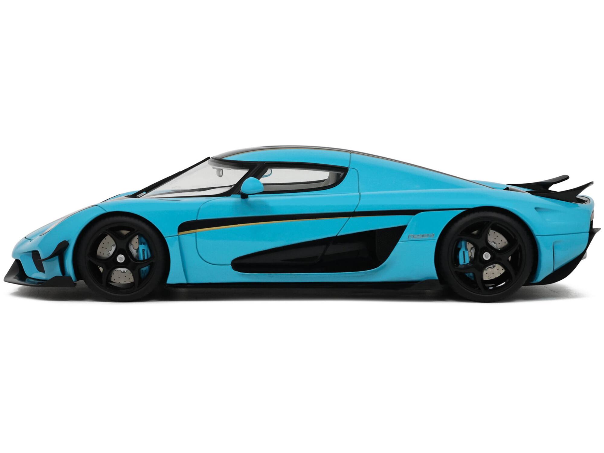 Back. GT Spirit - 2018 Koenigsegg Regera Baby Blue with Black Stripes and White Interior 1/18 Model Car by GT Spirit - Blue ,Black , White.
