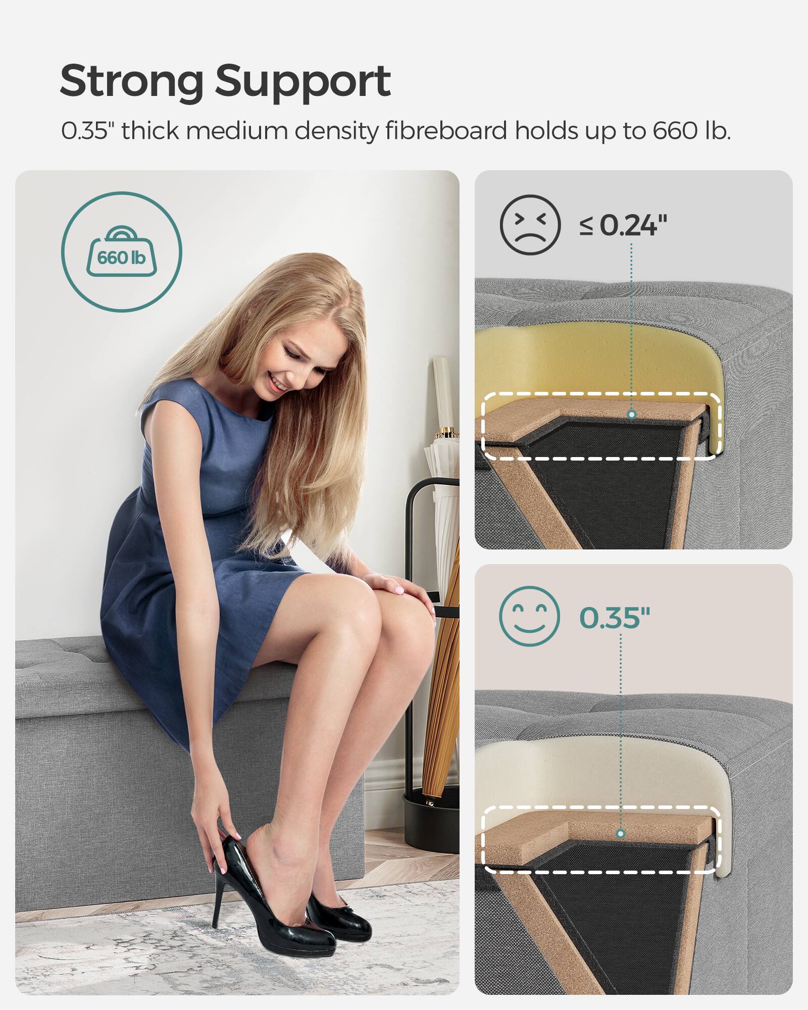 Strong Support  
0.35" thick medium density fibreboard holds up to 660 lb.  
660 lb  
≤ 0.24"  
0.35"