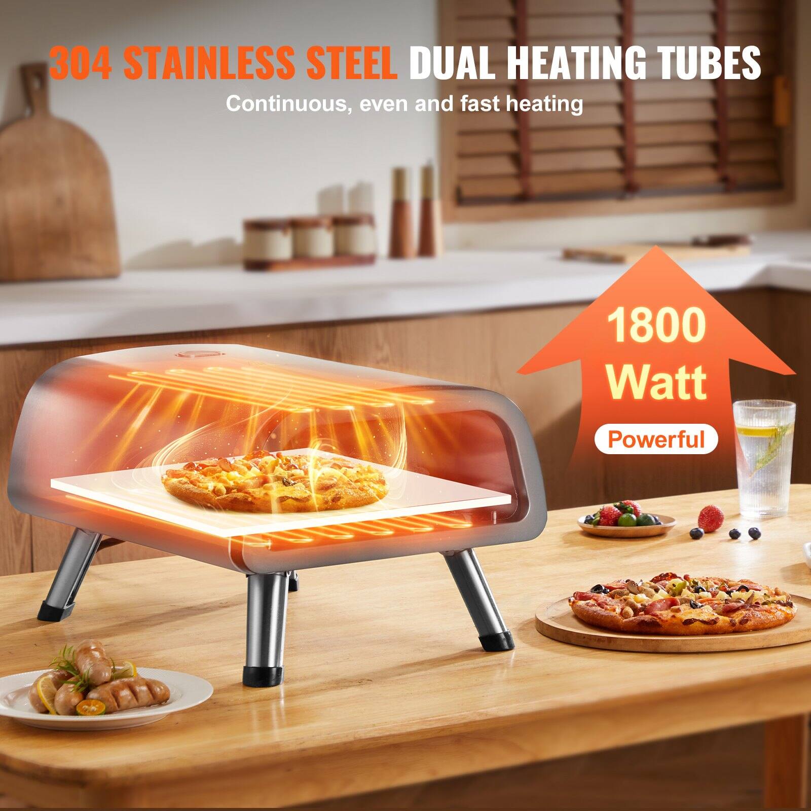 304 Stainless Steel Dual Heating Tubes  
Continuous, even and fast heating  

1800 Watt  
Powerful