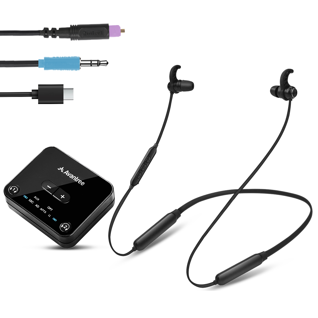 Avantree - HT4186-Q - Wireless Earbuds for TV with aptX Adaptive, Bluetooth Neckband Headphones & Transmitter