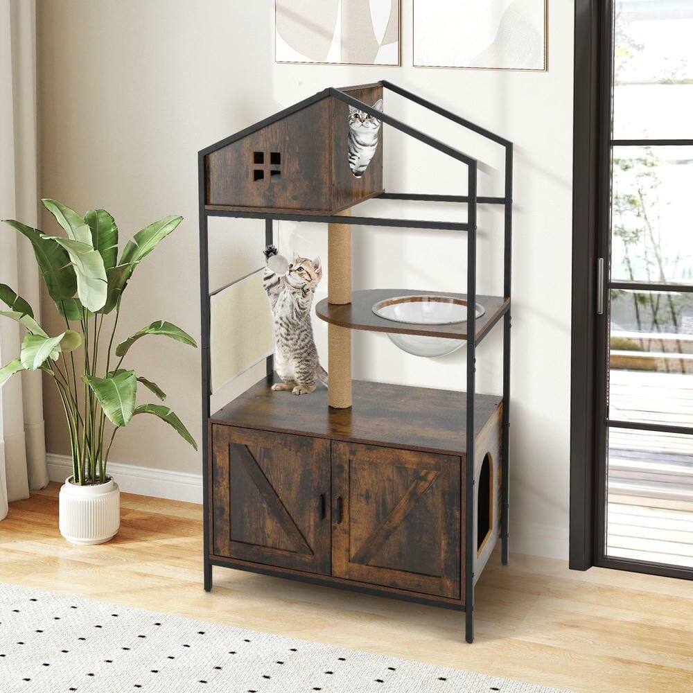 Alt View 2. Kadyn - Cat Tree with Integrated Litter Box Enclosure and Multi-Level Condo, Rustic Brown - Brown.