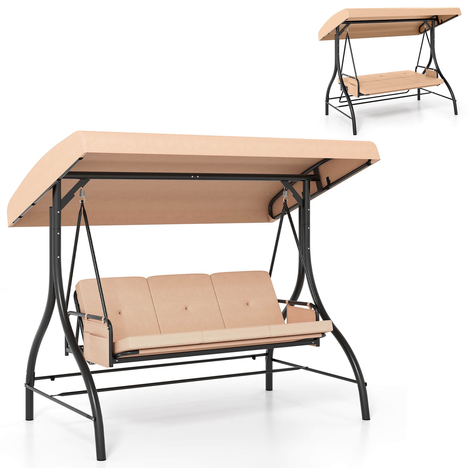 Front. Costway - Costway 3-Seat Patio Swing with Canopy with Removable Cushions & Side Pockets Stand - Beige.