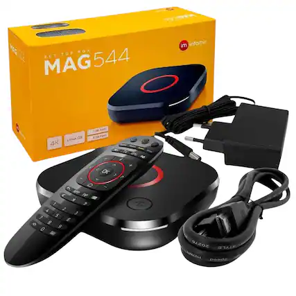 MAG544
SET-TOP BOX
MAG544
im infomir
1 GB RAM
4 GB Flash
Linux OS
4K
TV EPG
00 / A + V
OK
P V D
4 APP
PP
K 1
M & 2
5 3 7 6
8 0
g 20276
STYLE
GH peeds