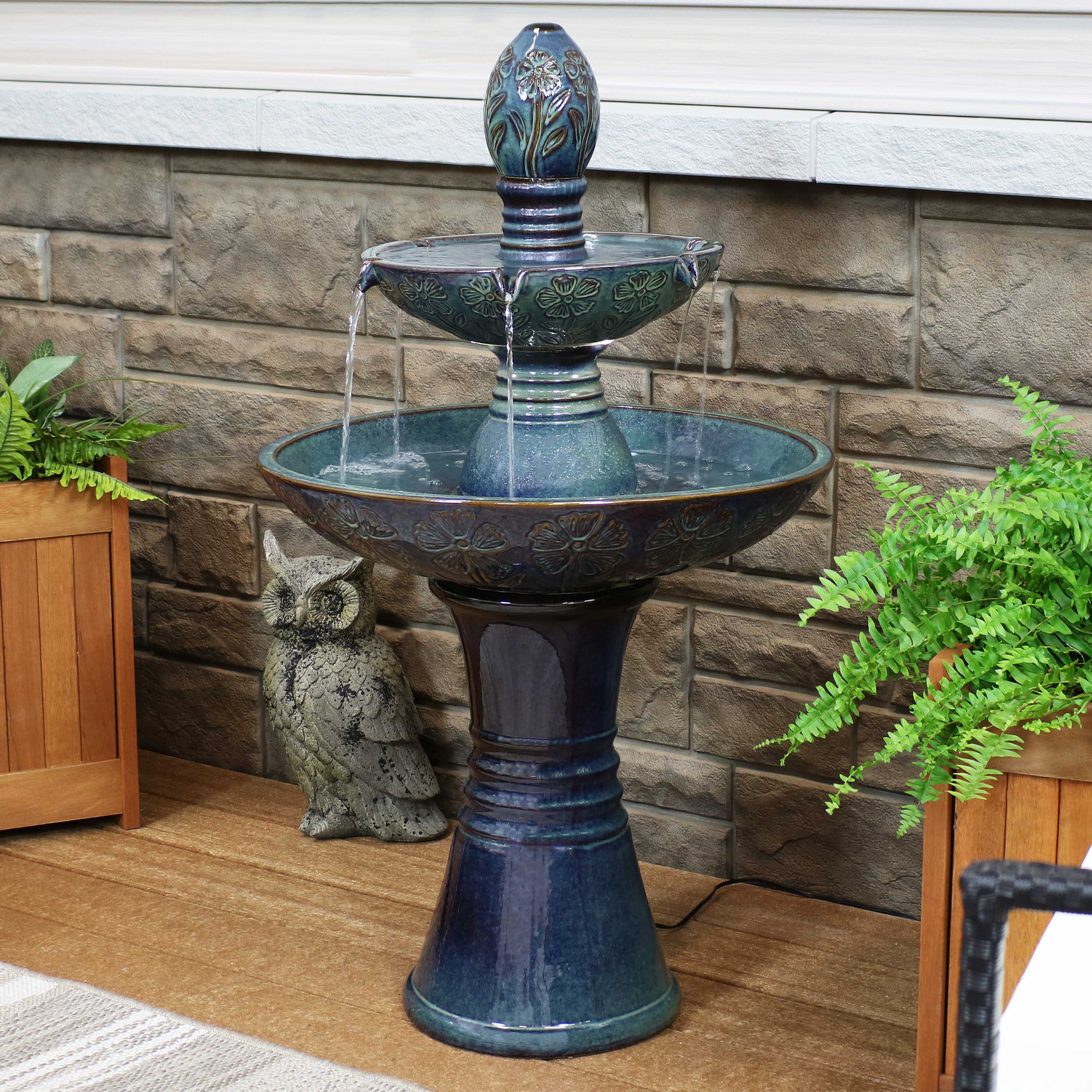 Alt View 3. Sunnydaze - Double Tier Ceramic Outdoor 2-Tier Water Fountain with Lights - Green.