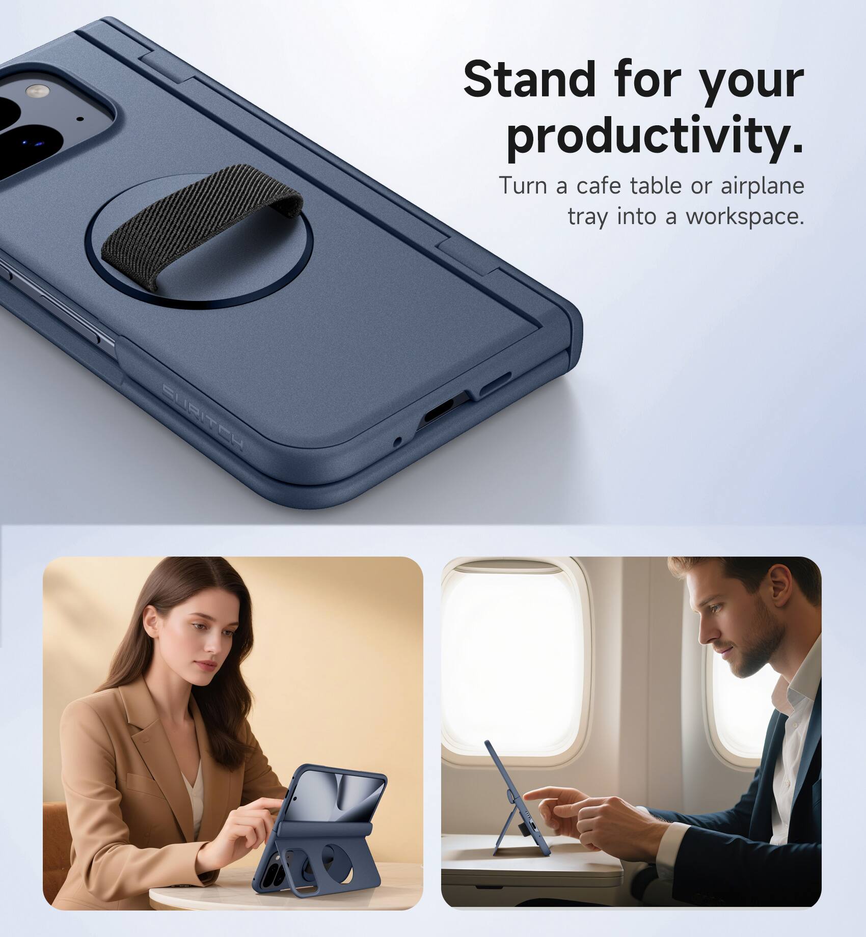 Stand for your productivity.  
Turn a cafe table or airplane tray into a workspace.