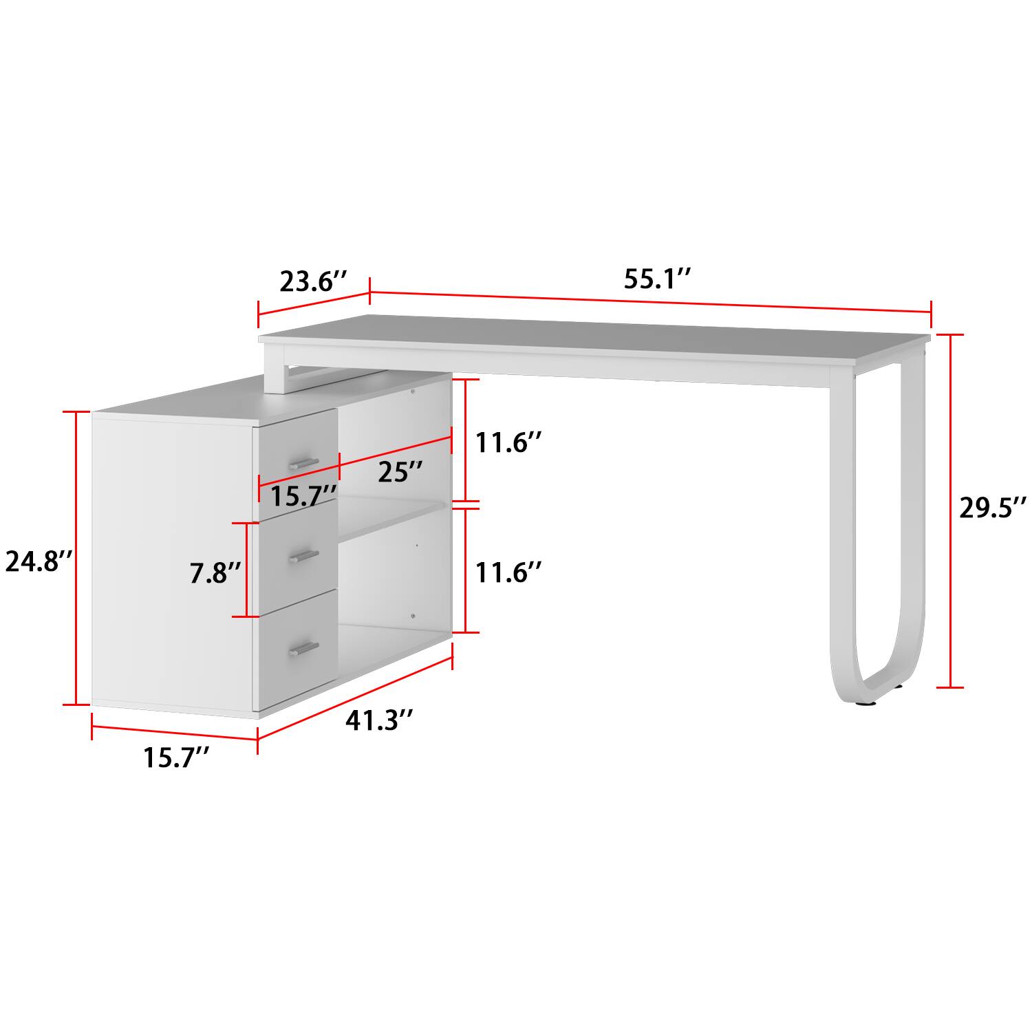 Length: 55.1", Width: 29.5", Height: 24.8", Depth: 41.3", Drawer Depth: 15.7", Drawer Width: 25", Drawer Height: 11.6", Shelf Height: 7.8"