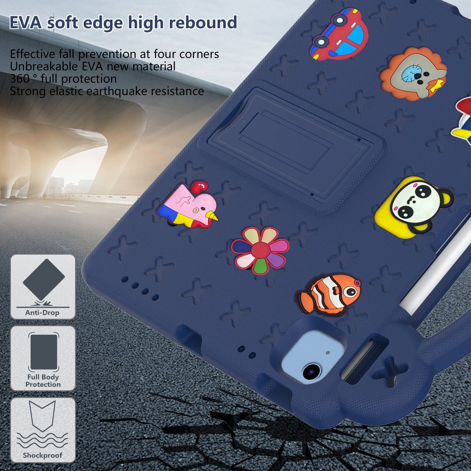 EVA soft edge high rebound  
Effective fall prevention at four corners  
Unbreakable EVA new material  
360° full protection  
Strong elastic earthquake resistance  

Anti-Drop  
Full Body Protection  
Shockproof