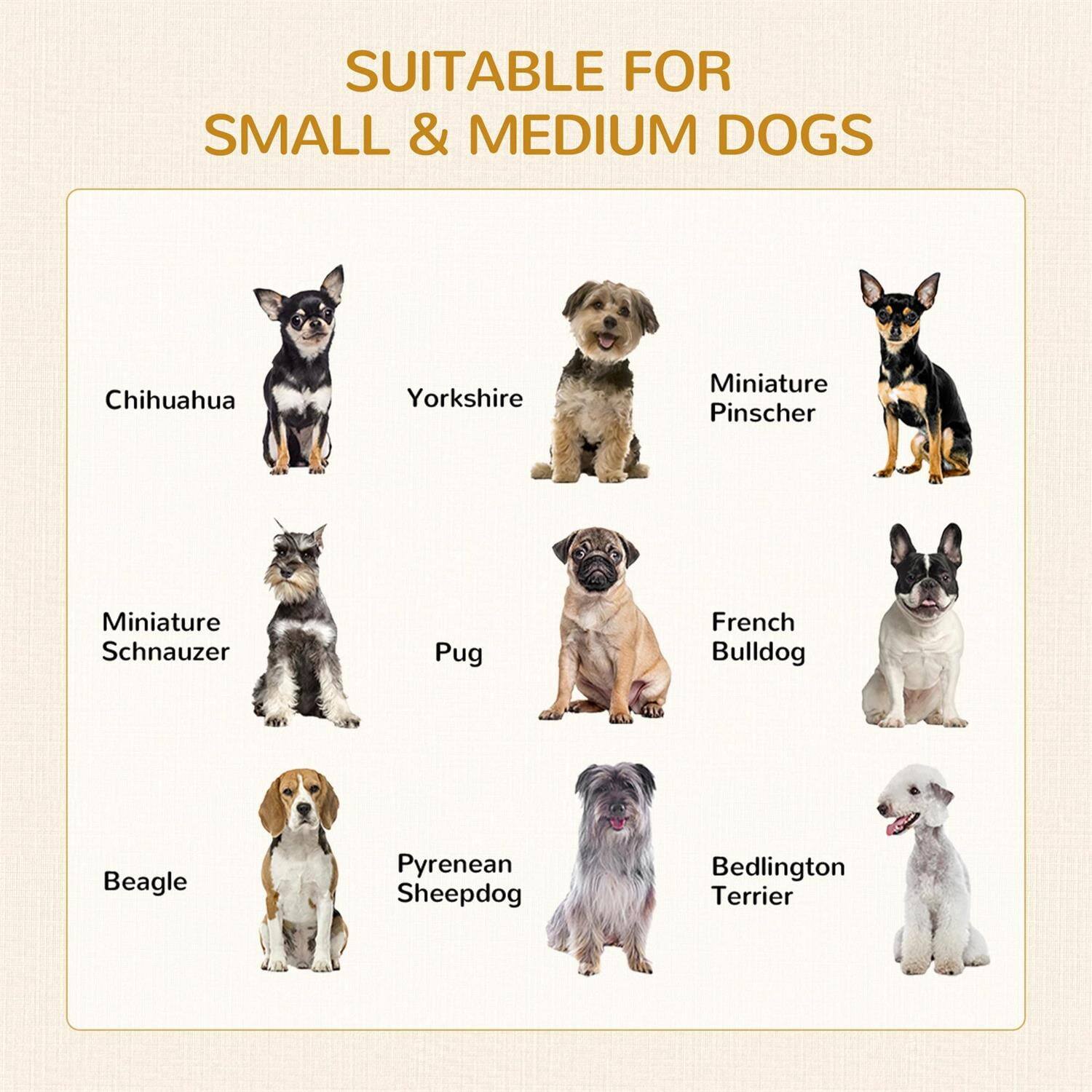 SUITABLE FOR SMALL & MEDIUM DOGS

- Chihuahua
- Yorkshire
- Miniature Pinscher
- Miniature Schnauzer
- Pug
- French Bulldog
- Beagle
- Pyrenean Sheepdog
- Bedlington Terrier