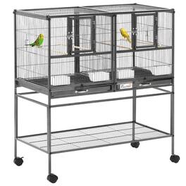 Pawhut - Divided Breeder Bird Cage with Rolling Stand Removable Metal Tray, Storage Shelf, Wood Perch, and Food Container