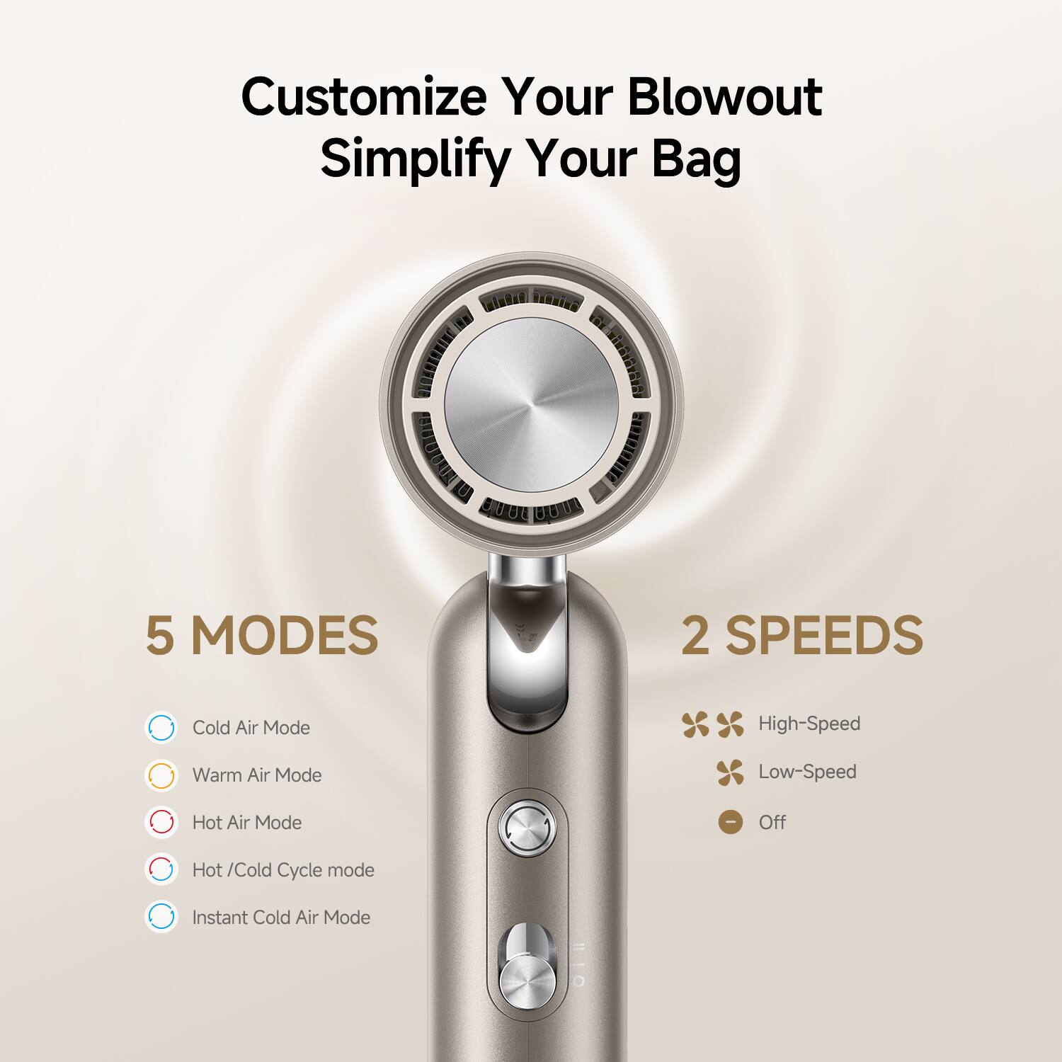 Customize Your Blowout  
Simplify Your Bag  

5 MODES  
- Cold Air Mode  
- Warm Air Mode  
- Hot Air Mode  
- Hot / Cold Cycle mode  
- Instant Cold Air Mode  

2 SPEEDS  
- High-Speed  
- Low-Speed  
- Off