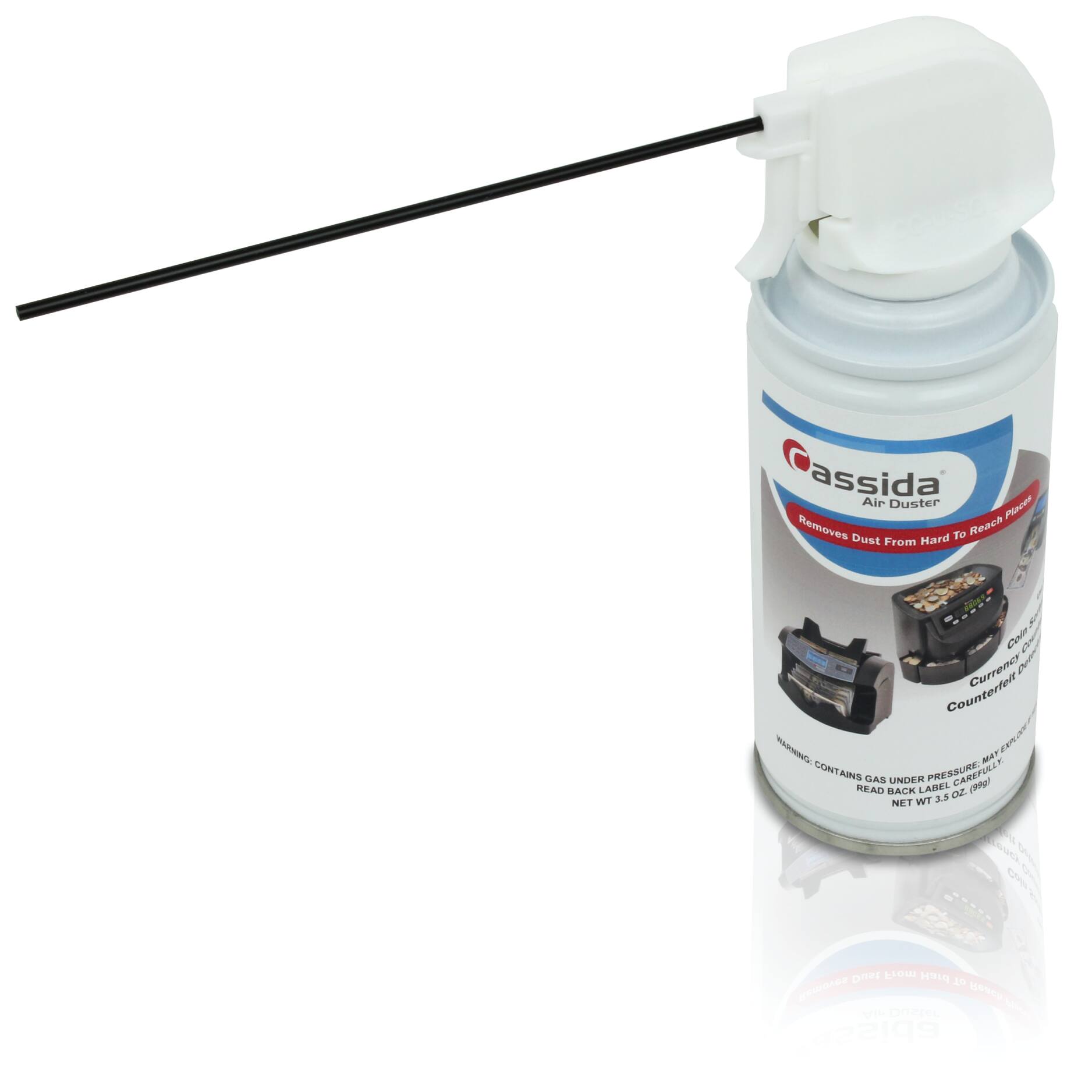 Assida Air Duster  
Removes Dust From Hard to Reach Places  

Currency Counterfeit Detection  

WARNING: CONTAINS GAS UNDER PRESSURE. READ BACK LABEL CAREFULLY.  

NET WT 3.5 OZ. (99g)