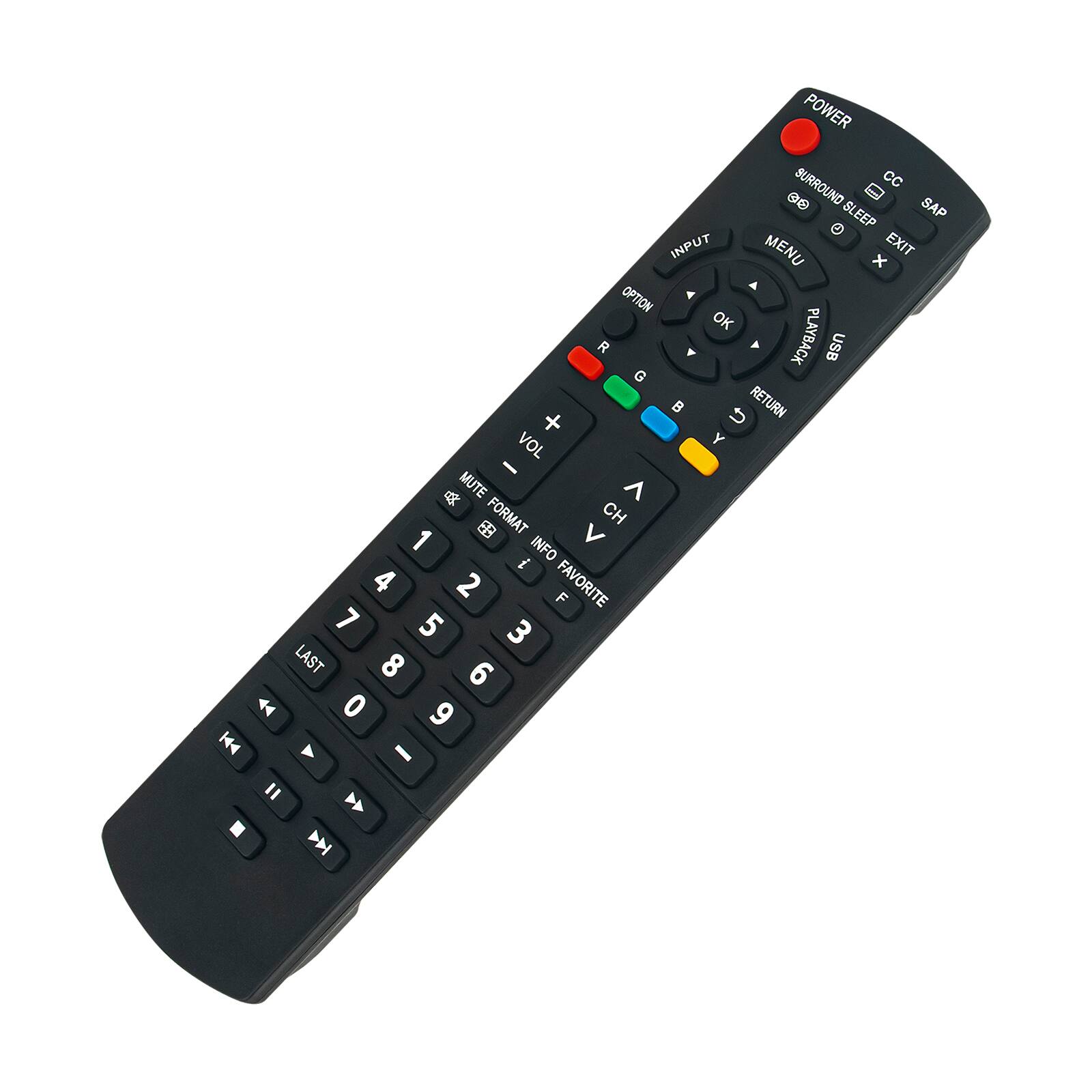 Sure, here is the corrected and grouped text from the image:

- POWER
- SURROUND
- CC
- SAP
- SLEEP
- EXIT
- INPUT
- MENU
- OPTION
- OK
- RETURN
- PLAYBACK
- USB
- VOL +
- VOL -
- MUTE
- FORMAT
- CH
- INFO
- FAVORITE
- LAST
- 1
- 2
- 3
- 4
- 5
- 6
- 7
- 8
- 9
- 0
- R
- G
- B
- Y
- K4
- I