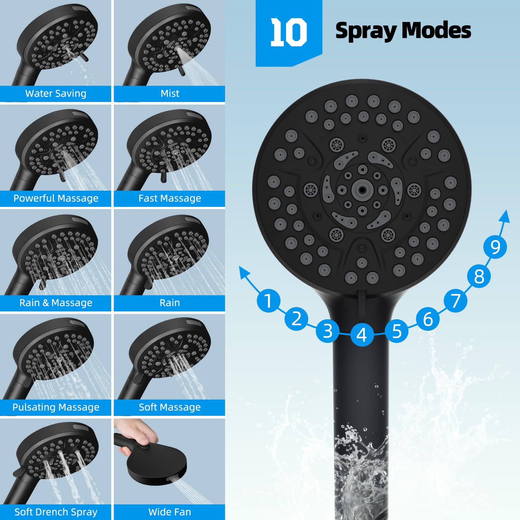10 Spray Modes

1. Water Saving
2. Mist
3. Powerful Massage
4. Fast Massage
5. Rain & Massage
6. Rain
7. Pulsating Massage
8. Soft Massage
9. Soft Drench Spray
10. Wide Fan