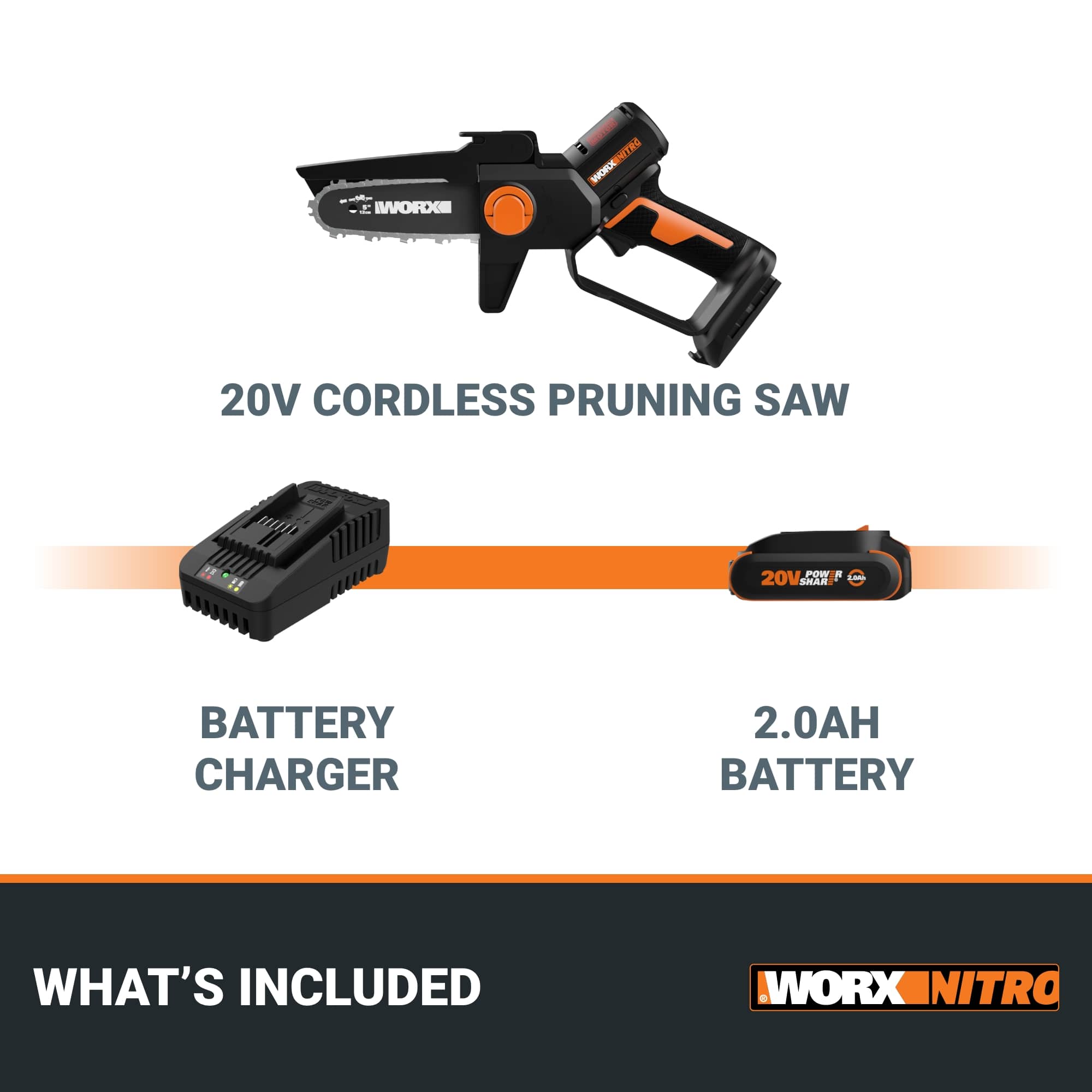 IWORX WORKHORSE 20V CORDLESS PRUNING SAW 20V POWER BATTERY CHARGER 2.0AH BATTERY WHAT'S INCLUDED WORX_INITRO