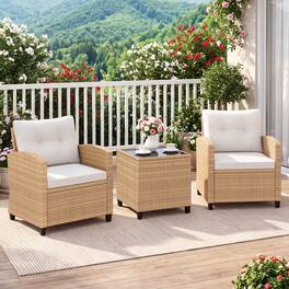 Costway - 3PCS Patio Furniture Set, Rattan Conversation Set with Soft Seat & Back Cushions - Light Brown+Off-White