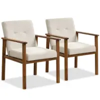 Costway 2 PCS Modern Accent Chair Upholstered Linen Fabric Armchair with Solid Wood Legs - Beige - Front_Zoom