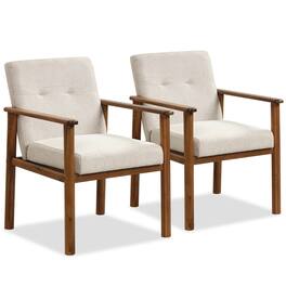 Costway - 2 PCS Modern Accent Chair Upholstered Linen Fabric Armchair with Solid Wood Legs - Beige