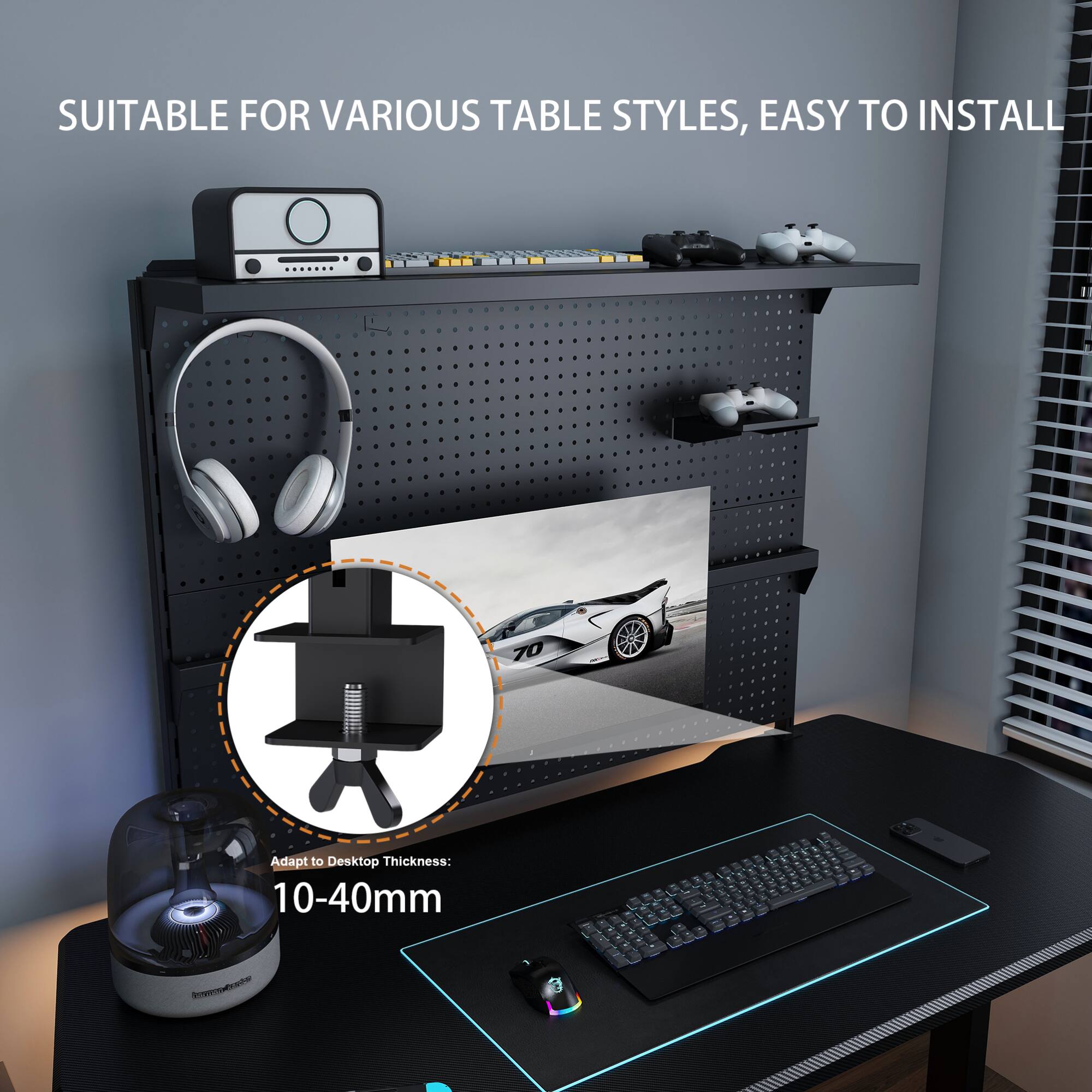 SUITABLE FOR VARIOUS TABLE STYLES, EASY TO INSTALL

Adapt to Desktop Thickness: 10-40mm