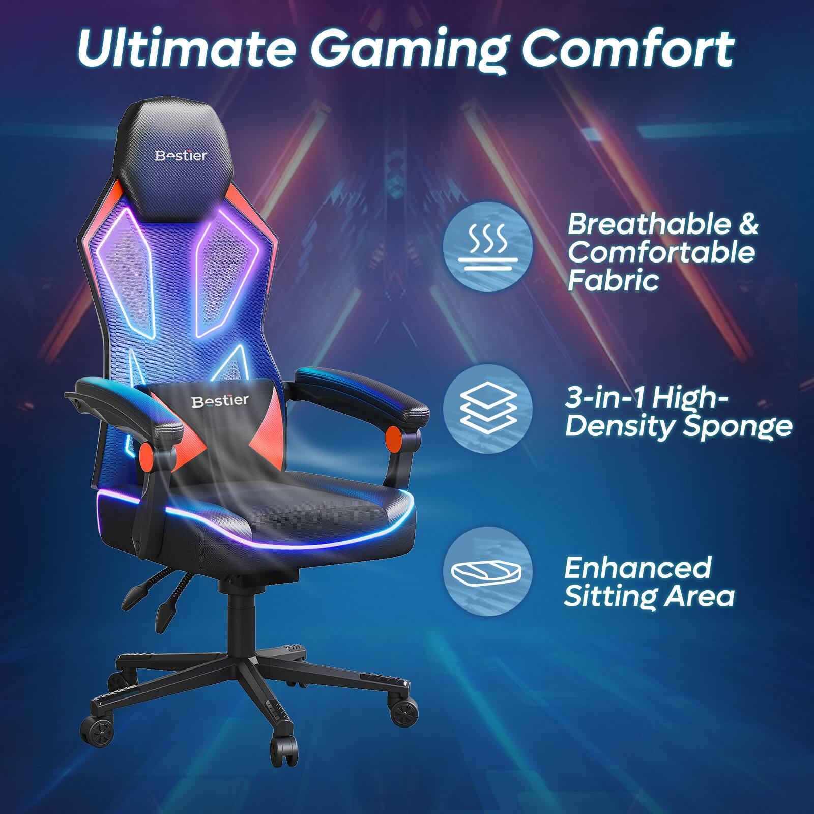 Ultimate Gaming Comfort Bestier Breathable & Comfortable Fabric Bestier 3-in-1 High-Density Sponge Enhanced Sitting Area